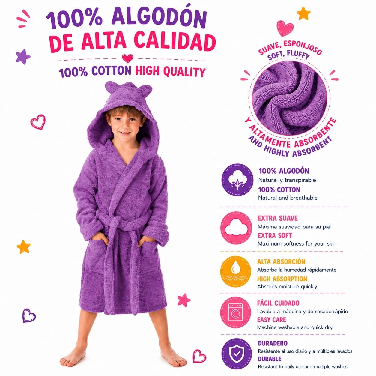 DHESTIA HOME Albornoz Niños y Niñas Unisex - Infantil Capucha con Orejas y Bolsillos - 100% Algodón OEKO-TEX
