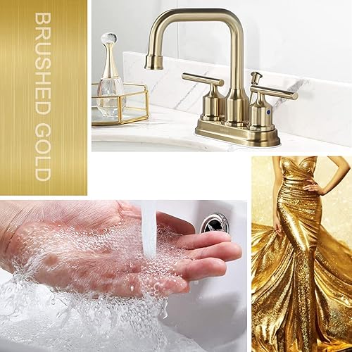 Miniatura 3 de WOWOW Grifo de baño dorado cepillado de 4 pulgadas, grifo de lavabo de 3 agujeros, grifos de baño para lavabo, grifo de tocador de 2 manijas con
