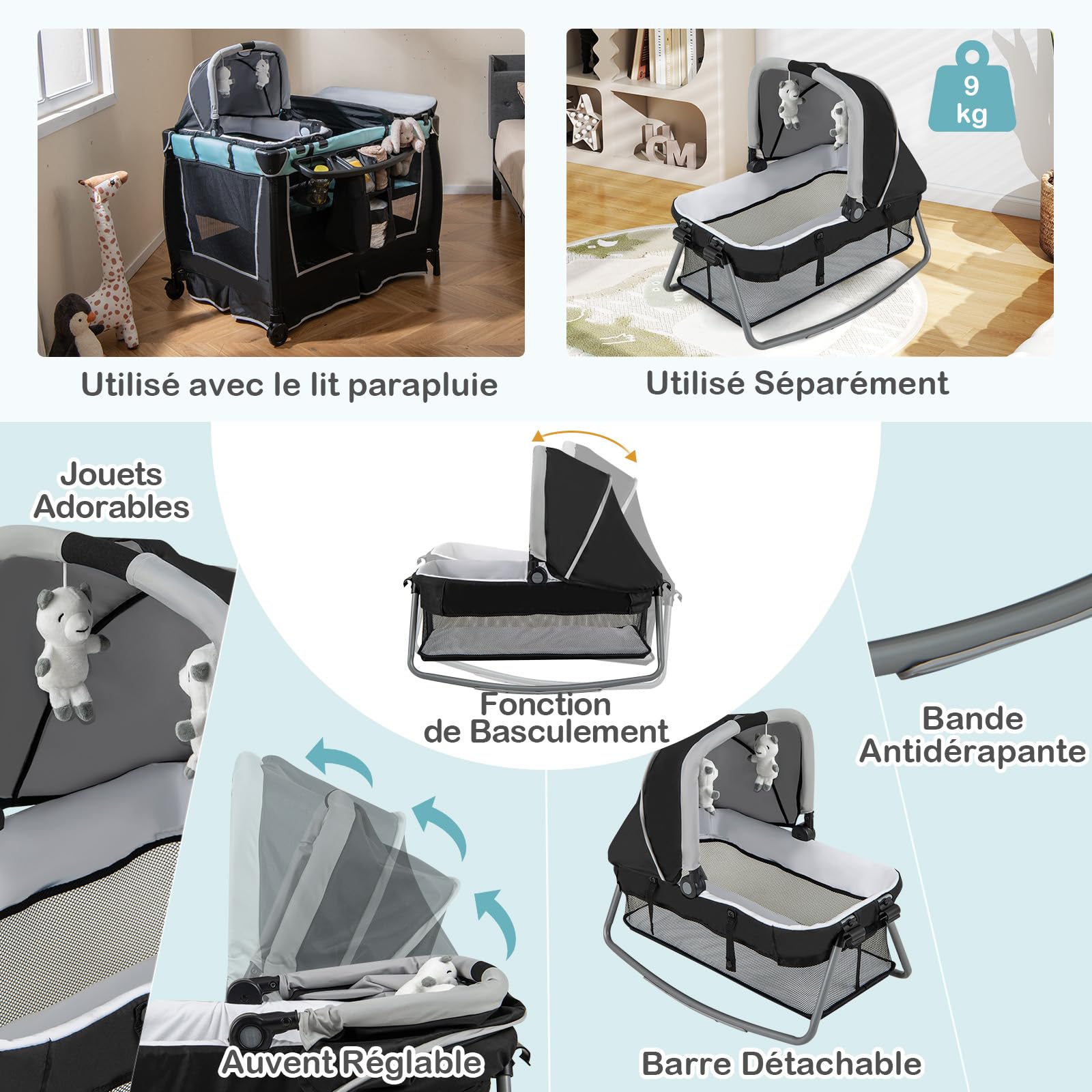 COSTWAY 6 en 1 Lit Parapluie Bébé avec Matelas & Table à Langer, Lit Bébé Evolutif avec Auvent Réglable & 2 Jouets, Musique et Sac de Transport, Berceau pour Bébé de 0-3 Ans