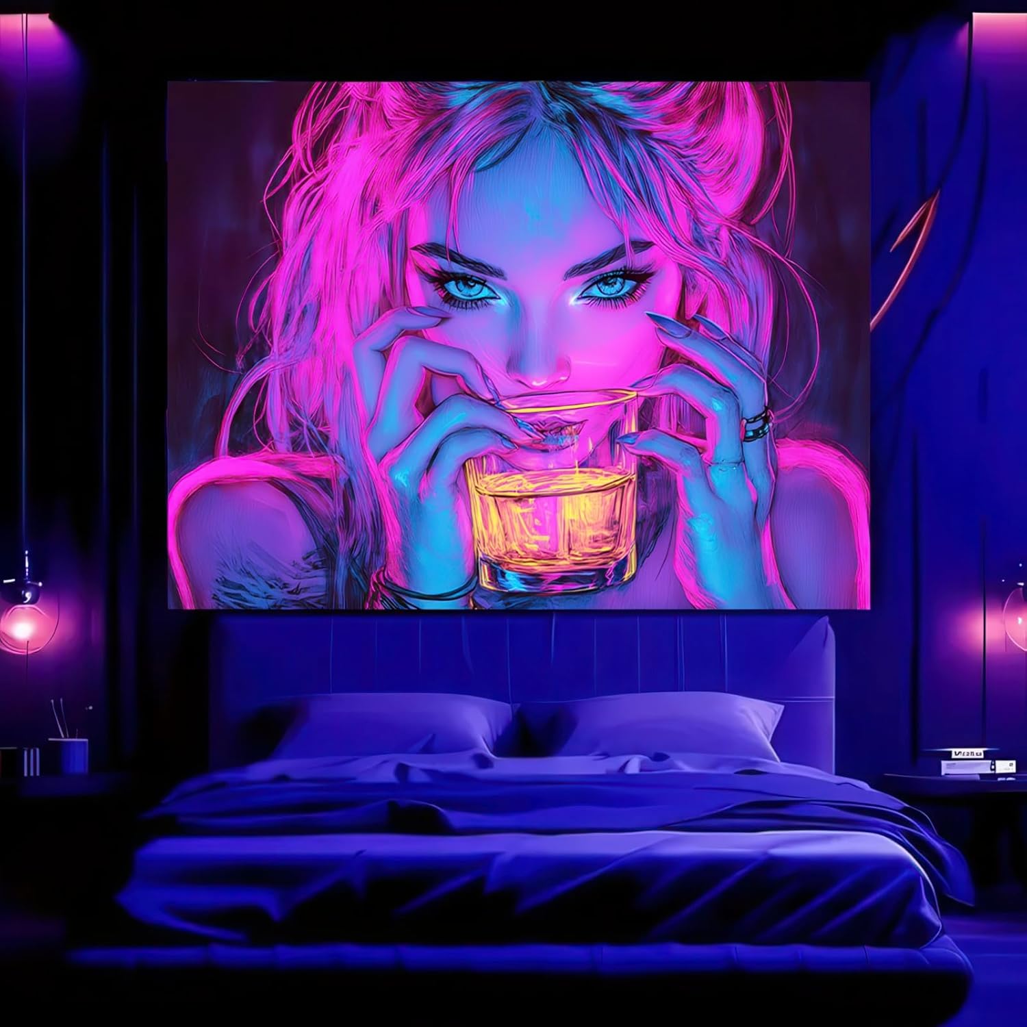 BlissYard Blacklight Tapestry Bedroom Cool Cute Girl Anime Wall Tapestry Aesthetic UV Reactive Purple Tapestries Glow In The Dark Art Wall Hanging Poster Room Bedroom Party Backdrop Decor 78x59 Inch