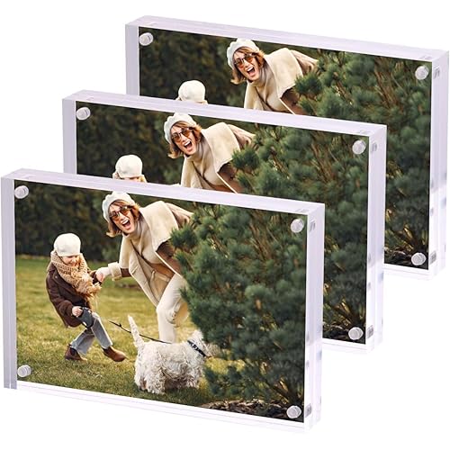 Fixwal Acrylic Picture Frame, 4x6, Set of 3, Magnetic Photo Frame with 10mm Clear Glass Frame, Frameless Photo Frame