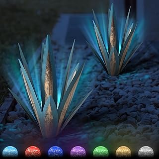 2Pcs Outdoor Sculpture Metal Cactus Yard: 21.65Inch Rustic Metal Agave Plants Decor Solar Light Patio Rustic Yard Art Outdoor Garden Clearance Large Front Yard Lawn Ornaments (Royal Blue) - Buy now