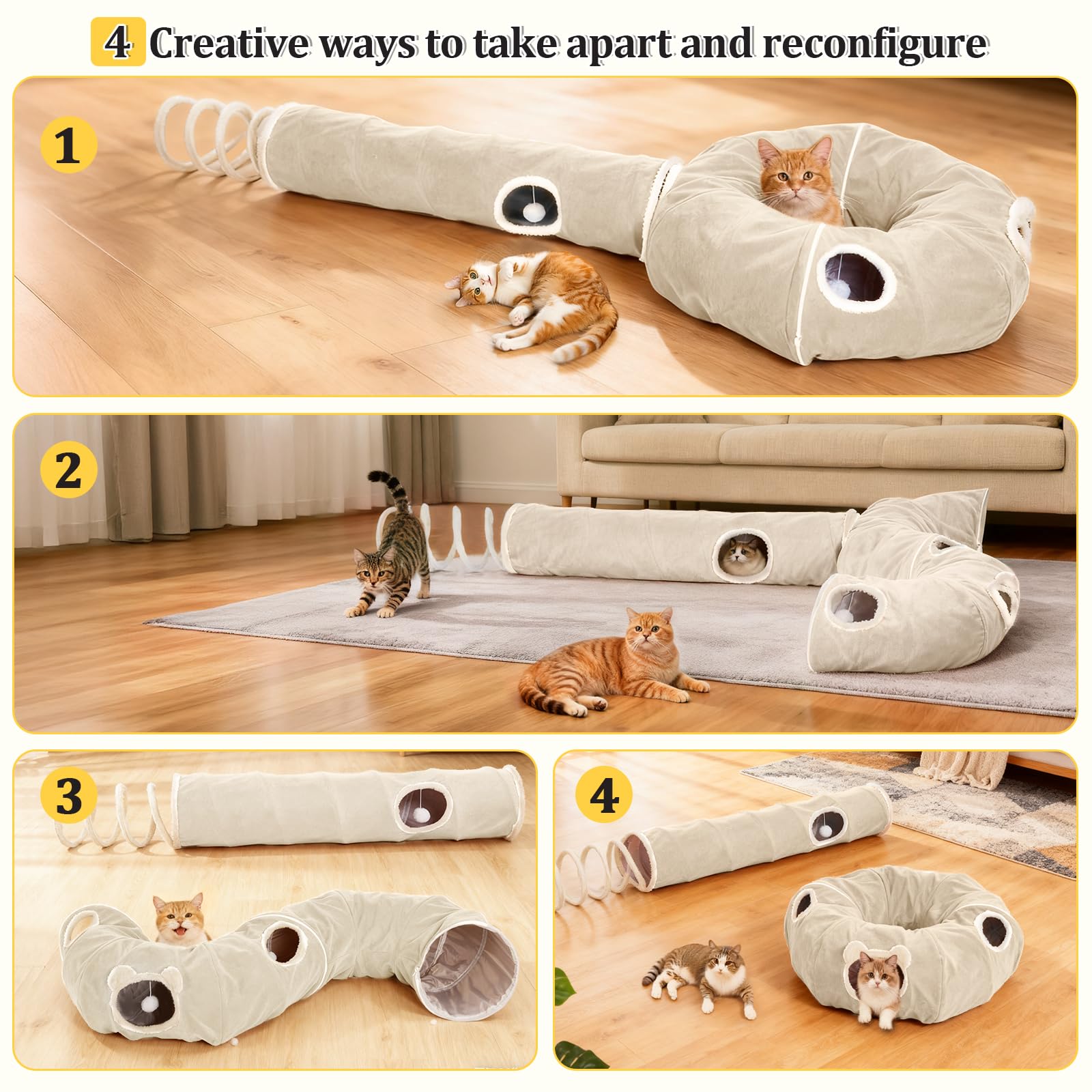 Ownpets Faltbarer Katzentunnel mit Federschwanz, dreiteilige Spielröhre für Haustiere, Vier Konfigurationsoptionen, geeignet für Katzen, Kaninchen und Frettchen, Durchmesser 30 cm