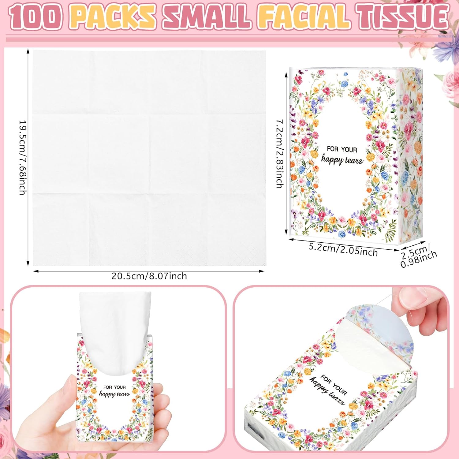 Therwen 100 Pack Wedding Happy Tears Tissues Packs for Wedding Guests 1000 Sheet Tissues Packs Travel Size Bulk Welcome Bags Stuffers Emergency Kit Classic Bright Retro (Bright)