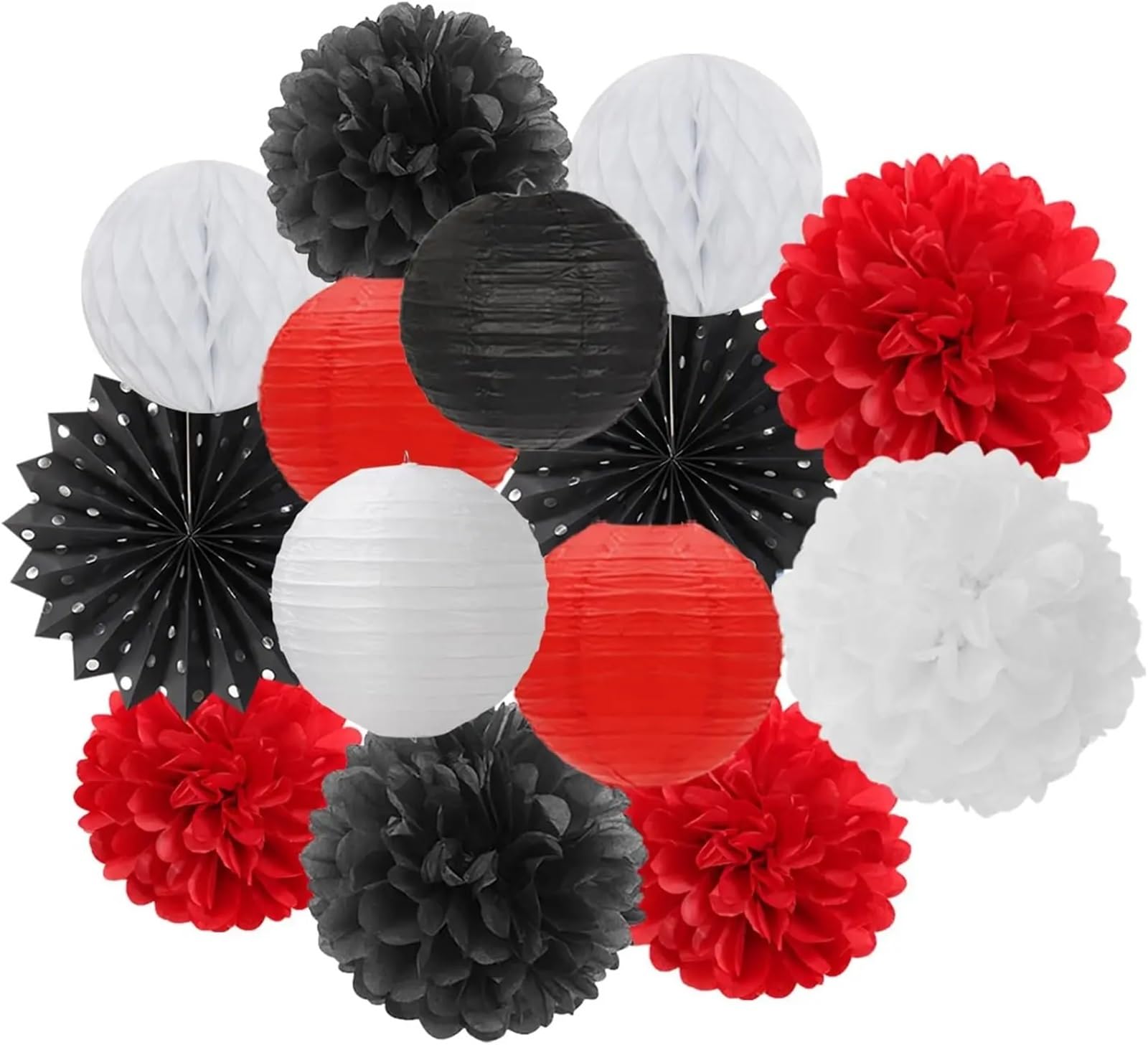 Paper Lanterns 14Pcs Lantern Tissue Pom Poms Honeycomb for Wedding Bridal Shower Birthday Party Decoration(Black red White)
