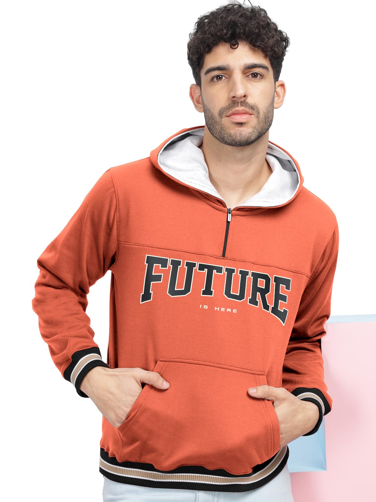 bullmer Orange Trendy Printed Fleece Hoodie Sweatshirt for Men-picture-33