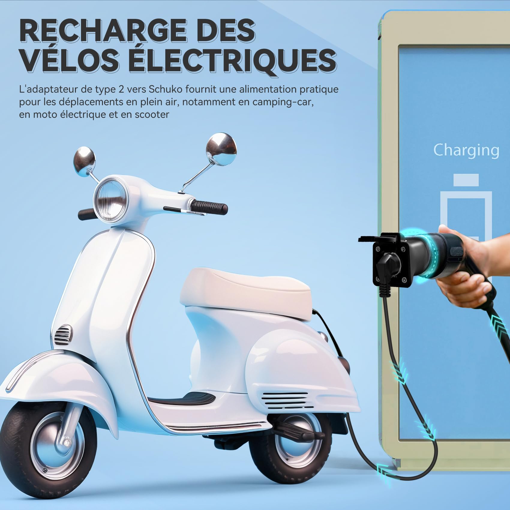 JULIK Adaptateur Type 2 vers Schuko 16A - 3.5kW (220V) – Convertisseur de Borne/Chargeur Type 2 en Prise Schuko – Alimentation pour Voitures Électriques, E-Vélos, Équipements (Noir)