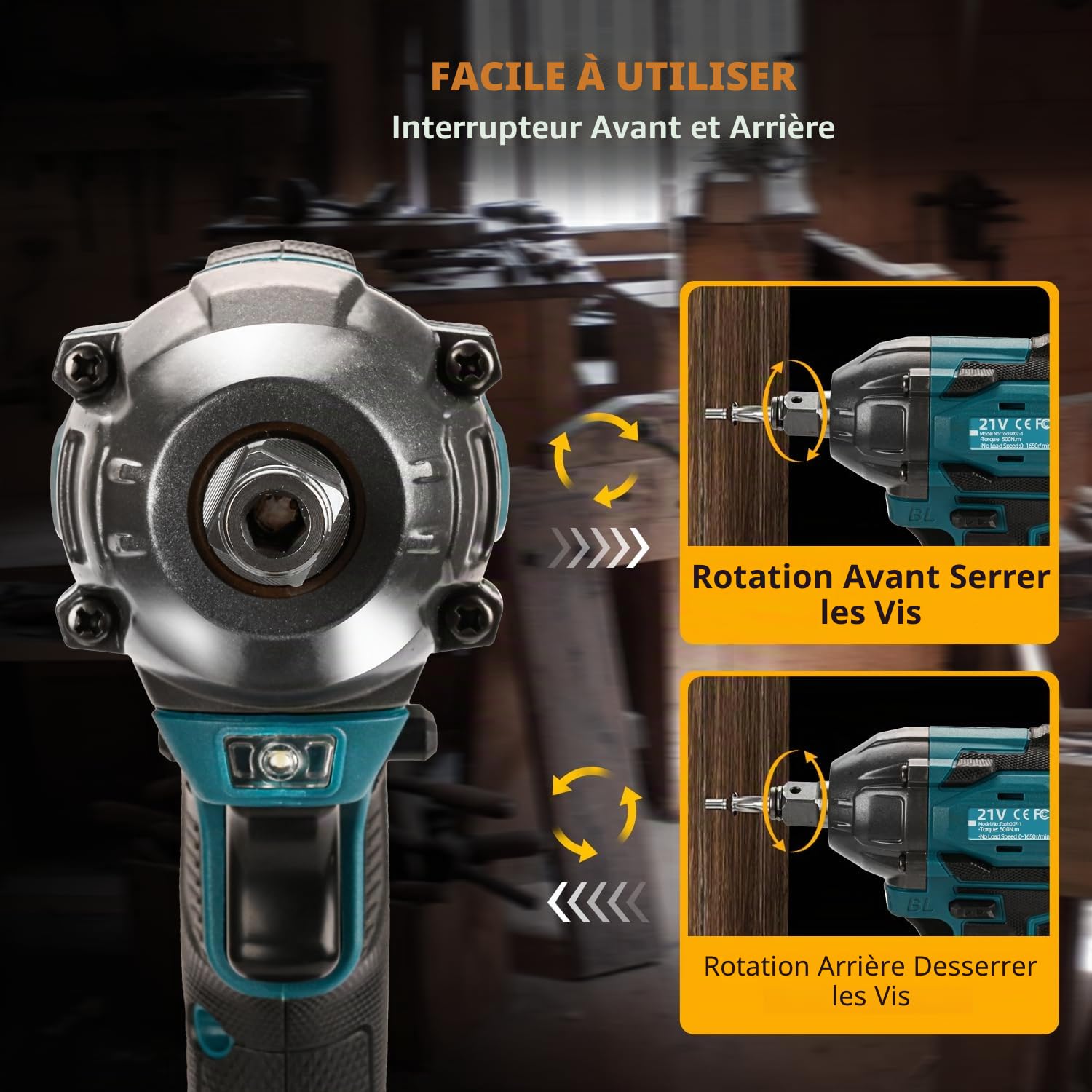300 N.m Clé à percussion sans fil, moteur d’impact de couple 21 V, pistolet à percussion sans balais de 1/2" avec (une batterie de 2,0 Ah), 19 accessoires, moteur de frappe électrique à vitesses