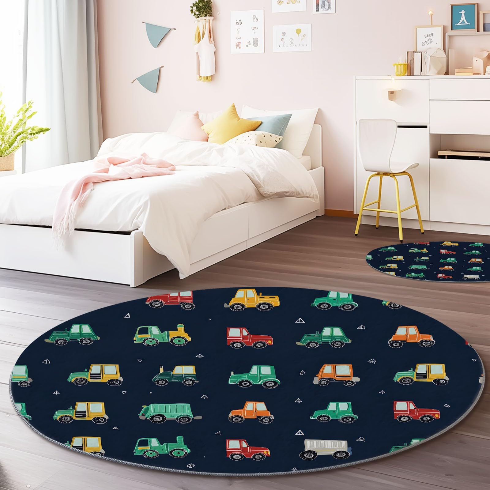 Tappeto rotondo lavabile in lavatrice Modello Di Veicolo Da Costruzione, Stile Carino Tappetino antiscivolo assorbente per camera da letto, soggiorno, cameretta bambini, interno 150 cm, Blu Scuro