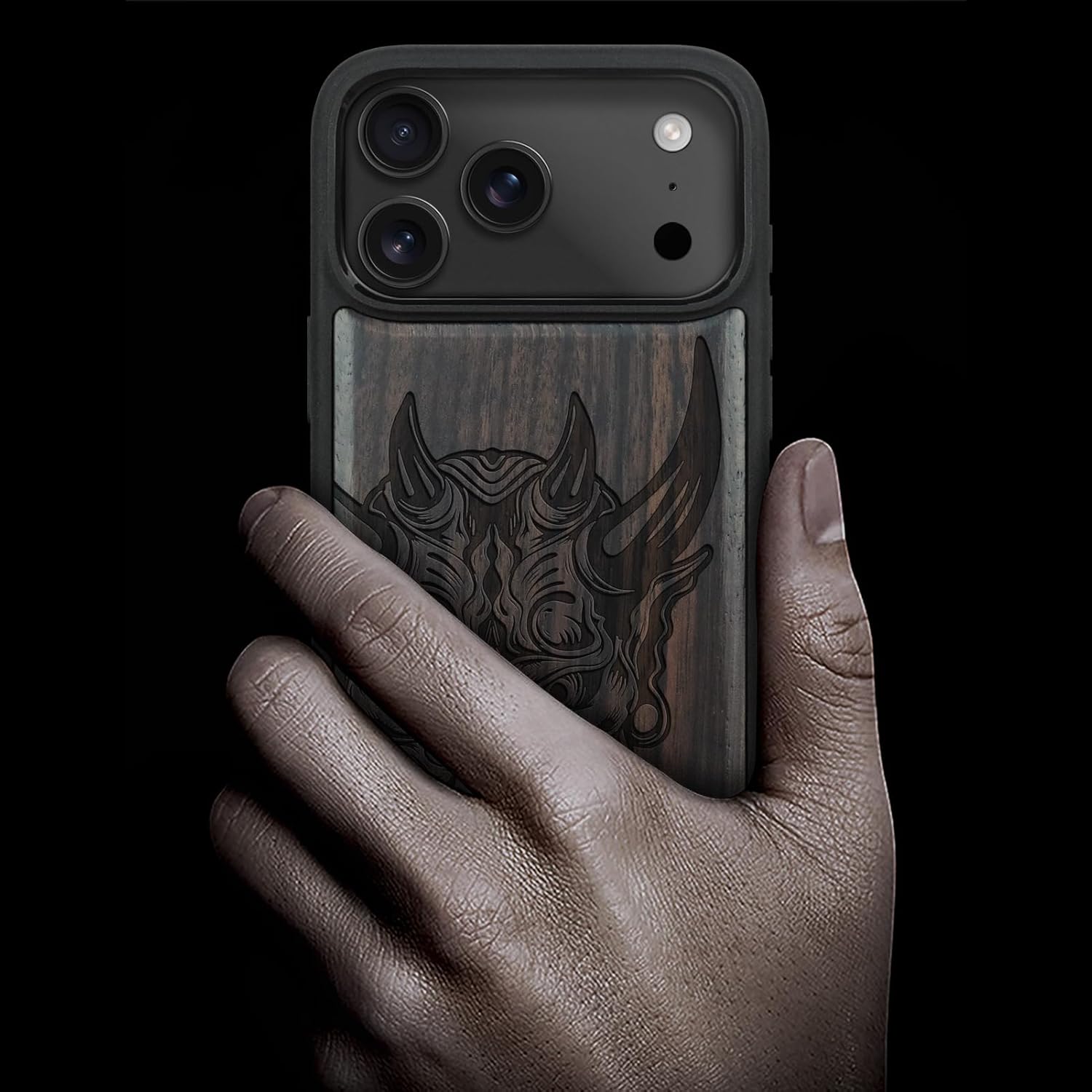 Carveit Magnetic Wooden Case for iPhone 17 Pro Max Case, Wood Artisan Engraved & Black Soft TPU Shockproof Cover, Compatible with MagSafe Wireless Chargers (Japanese Oni Mask) Blackwood