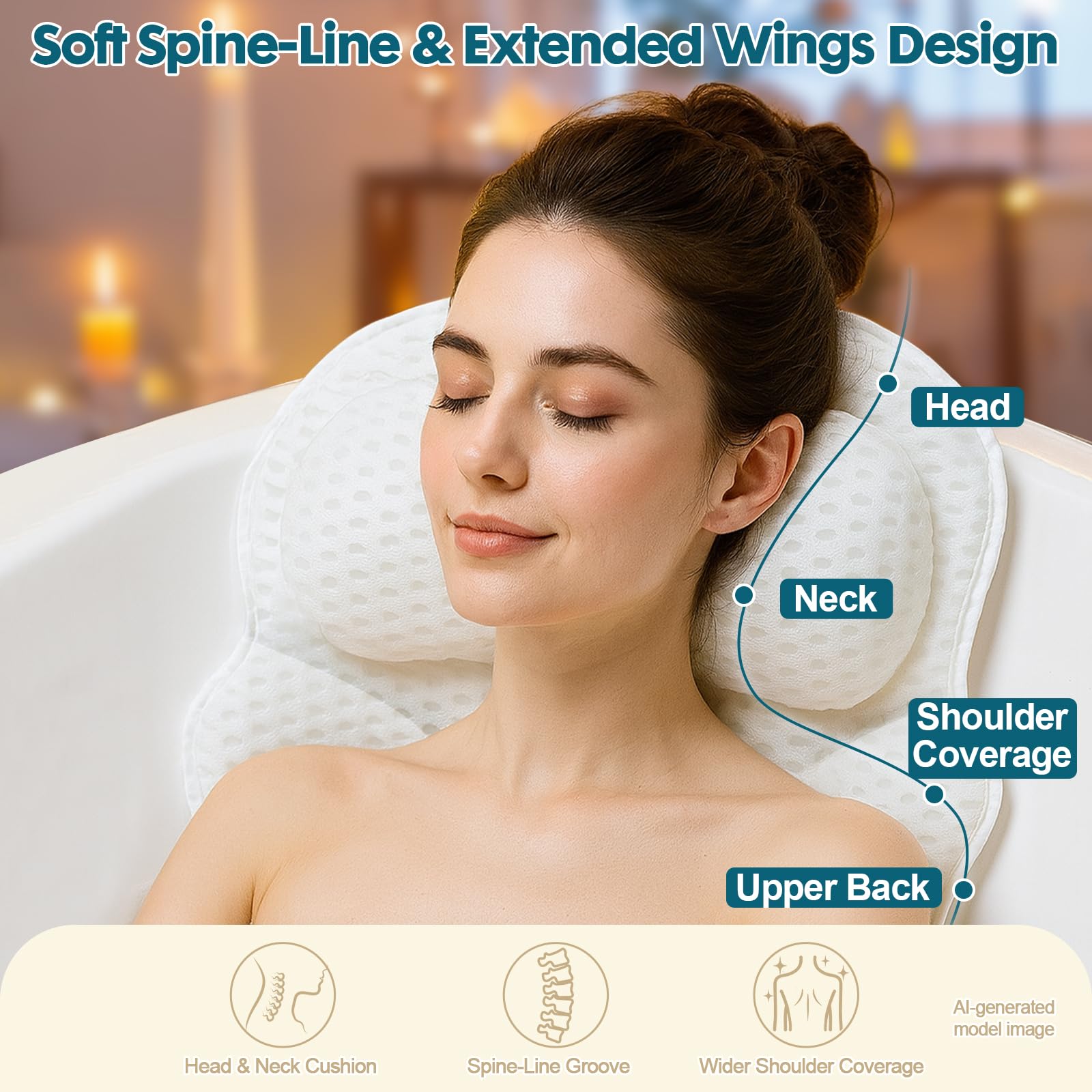 Bath Pillow for Tub, Head & Neck Support, 4D Air Mesh, 6 Suction Cups