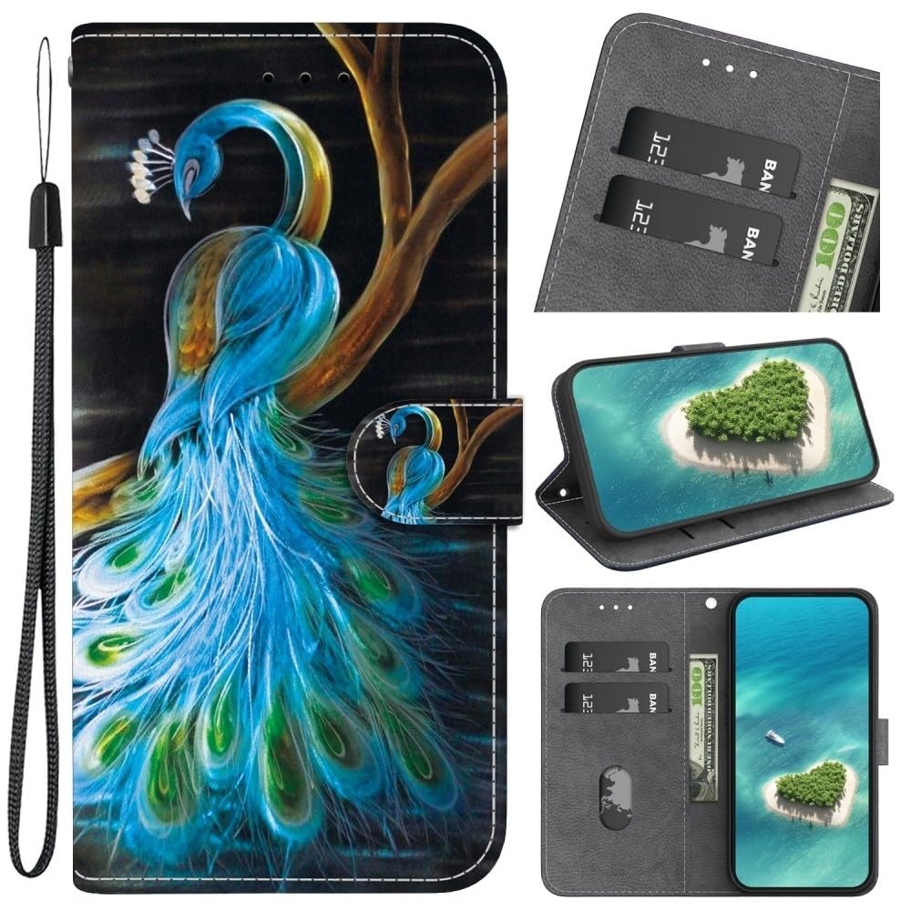 Generic Funda compatible con Samsung Galaxy A15 4G / 5G (color: pavo real) patrón cartera de cuero con tapa trasera magnética