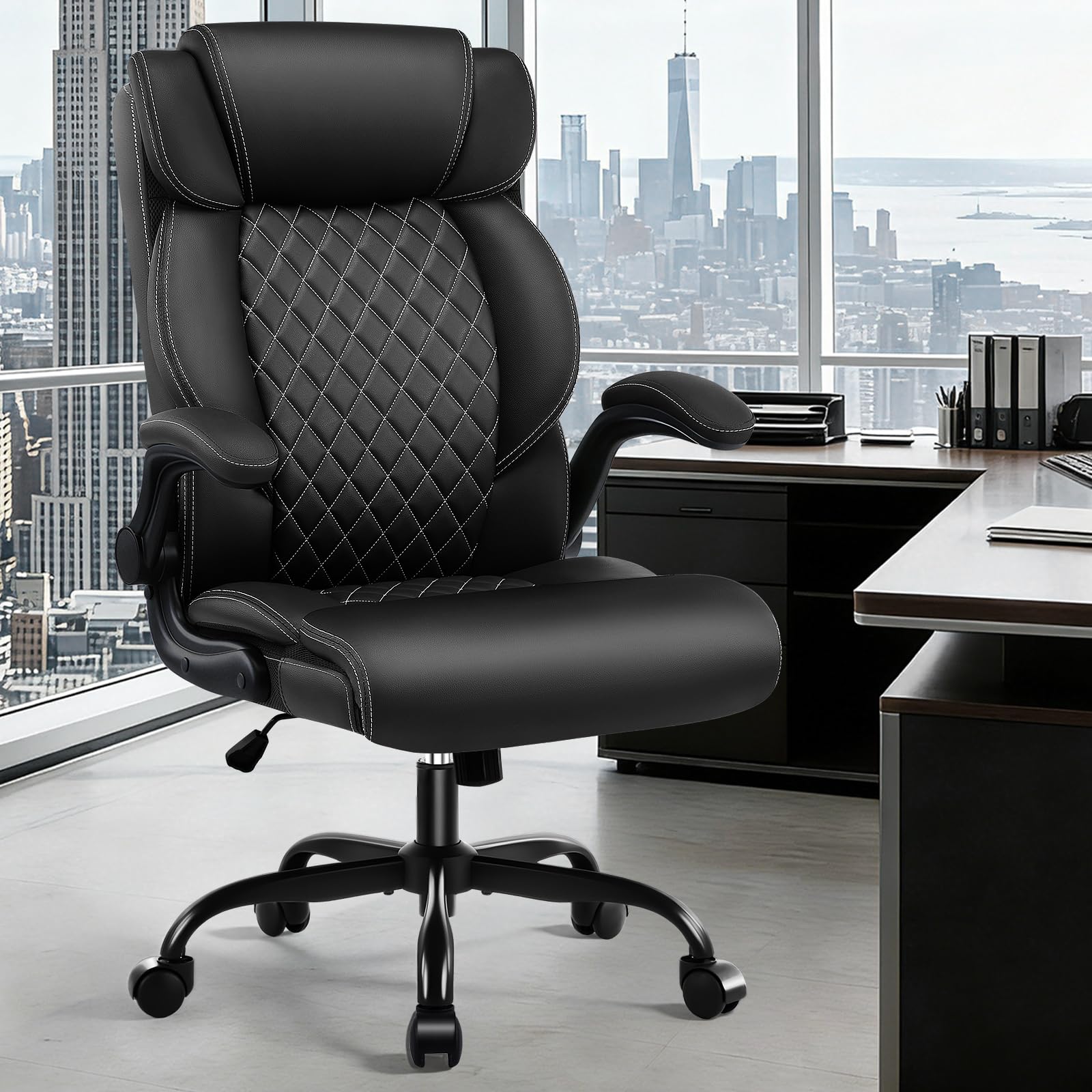 Chefsessel bis 200 kg, Bürostuhl Ergonomisch aus Kunstleder mit Verstellbaren Armlehnen und Rollen, Drehstuhl mit Hoher Rückenlehne – CompuetrStuhl für Büro und Homeoffice, Schwarz