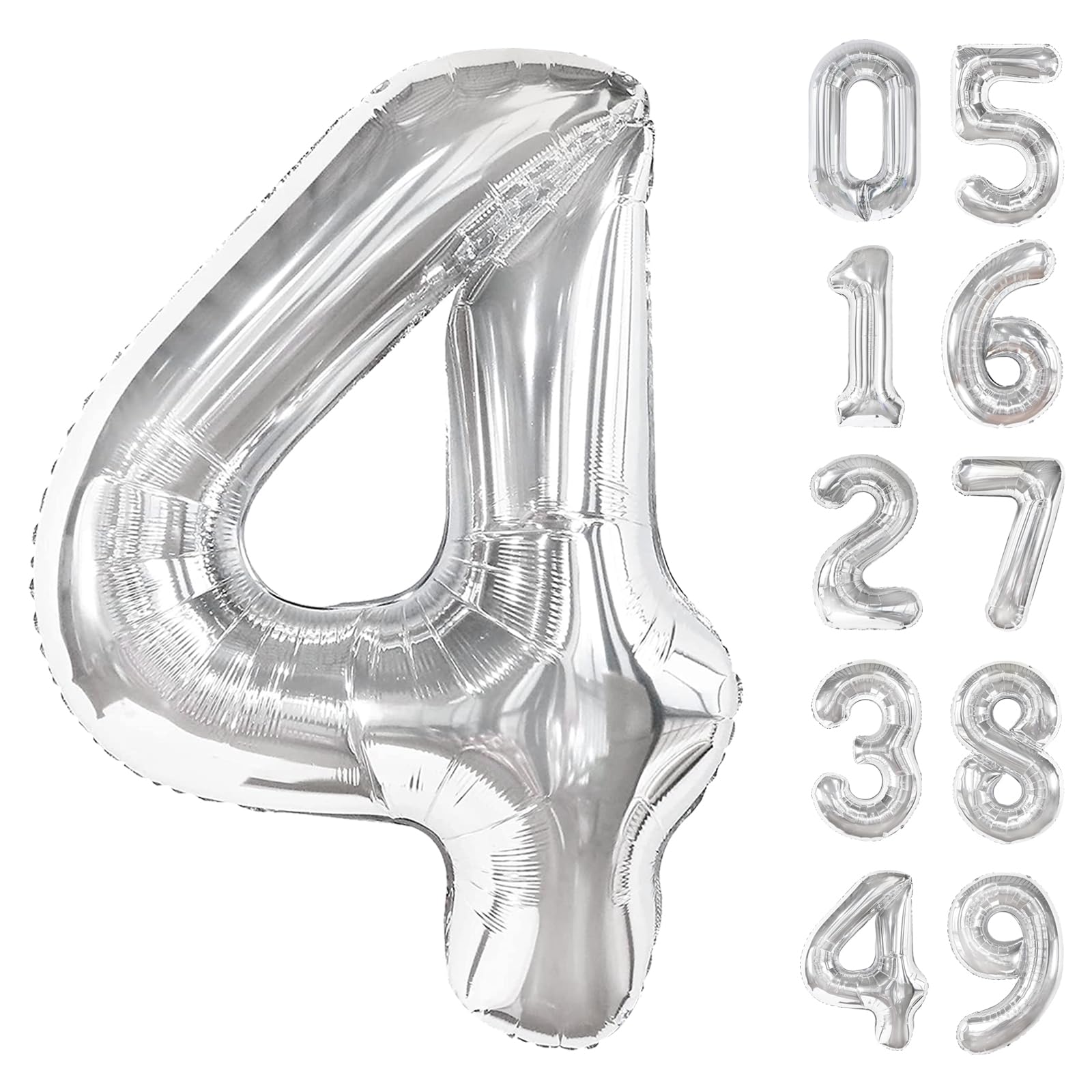 40 Inch Silver Large Number 4 Birthday Balloon, Giant Number Four 14 24 34 40 44 Balloons, Foil Mylar Big Balloons for Anniversary Graduation Supplies