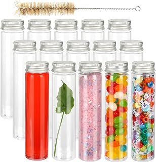 15pcs 110ml Plastic Test Tubes with Screw Caps 140 x 35mm Clear Flat Large Test Tubes with Lids and 1 Brush for Bath Salt, Candy Storage, Party Favors, Scientific Experiments
