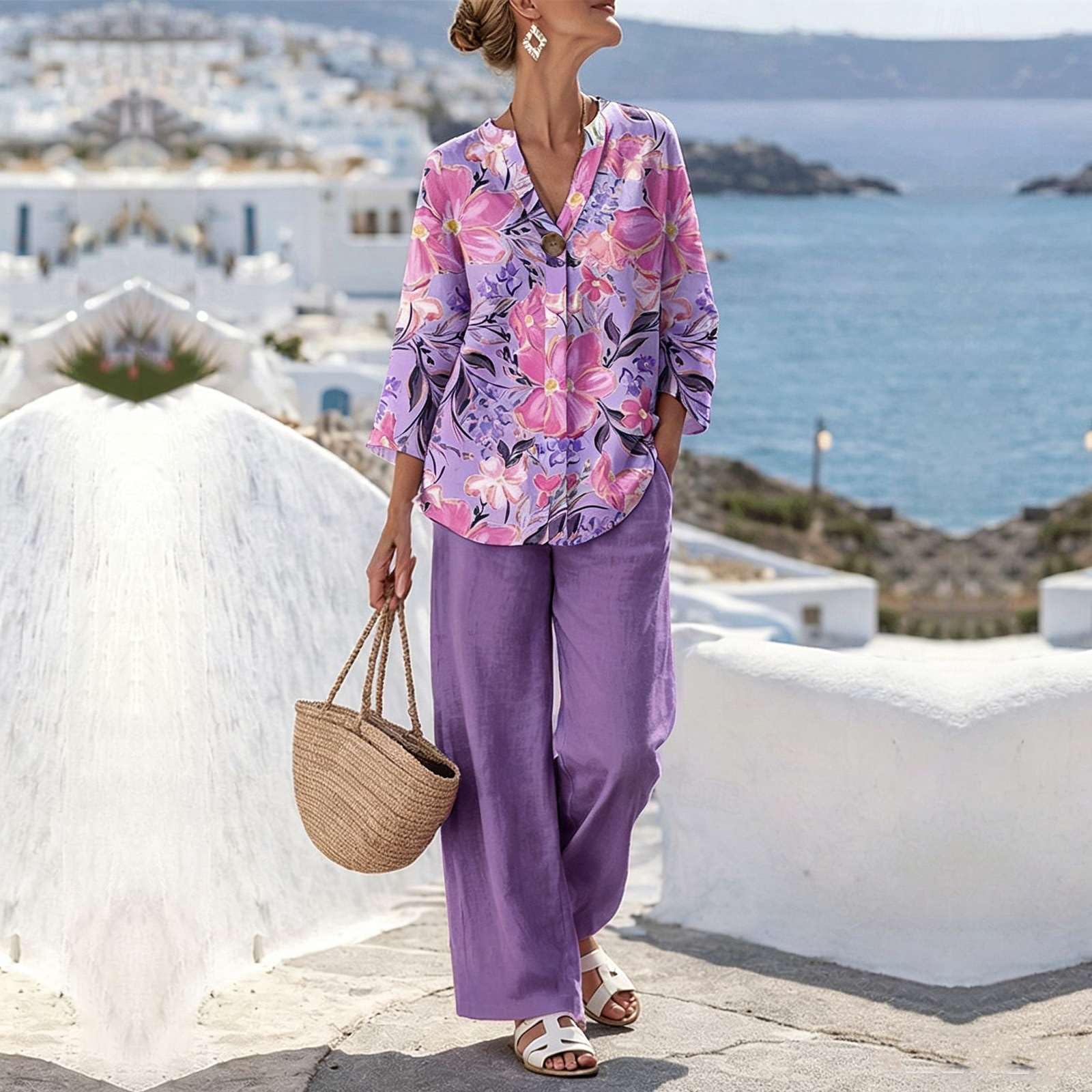 Completo Donna Estivo Boho Tuta Set 2 Pezzi Effetto Lino Pantaloni Larghi e Top Scollo a V 3/4 Tute Casual Mare Vacanza Co-ord Cotone Leggero Outfit Elegante