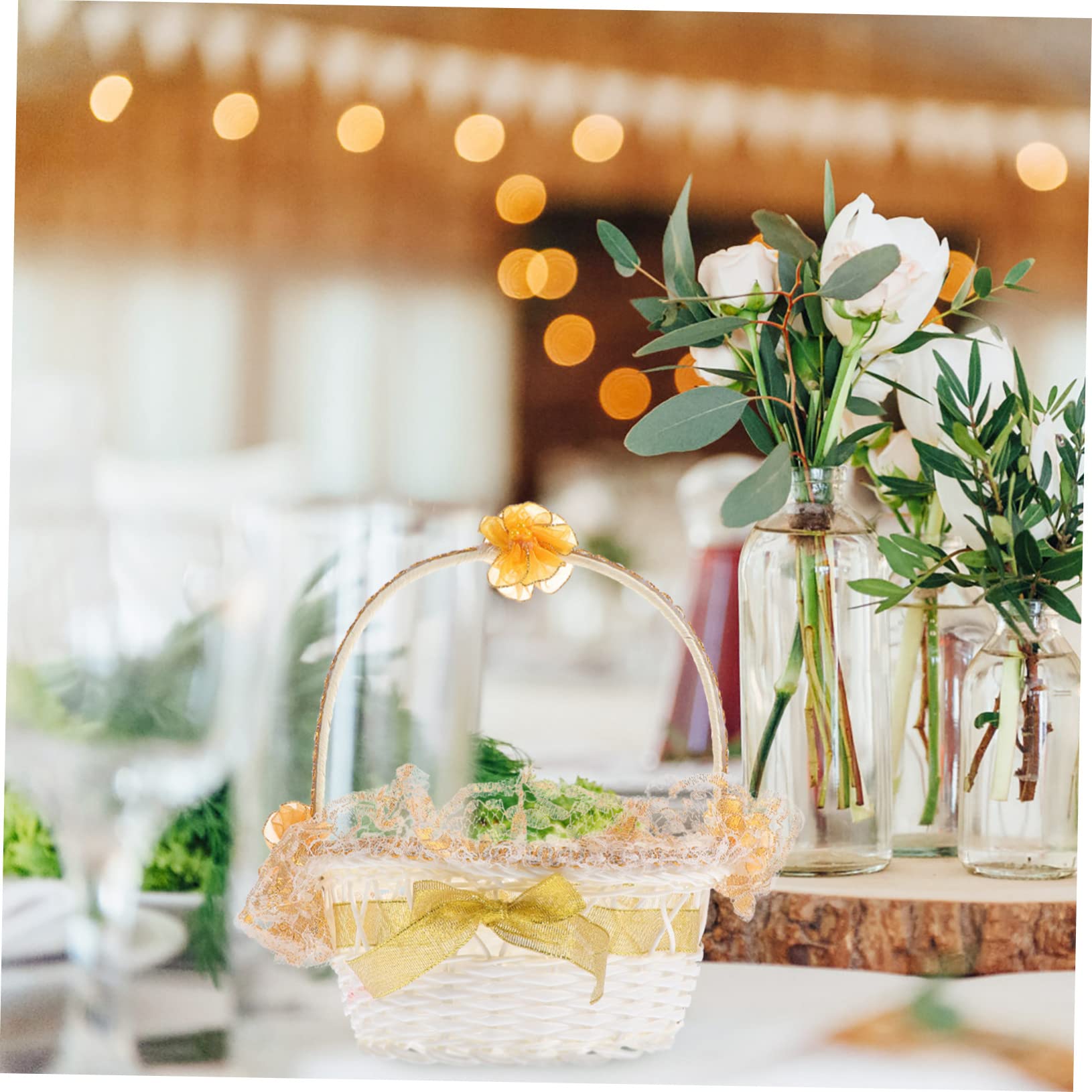 Abaodam 2stücke Hochzeitsblumenkorb Mit Spitzenrand Handlicher Eleganter Streukorb Für Blumenkinder Imitation Rattan Design Leicht Tragbar Für Hochzeiten Feiern Und Feste