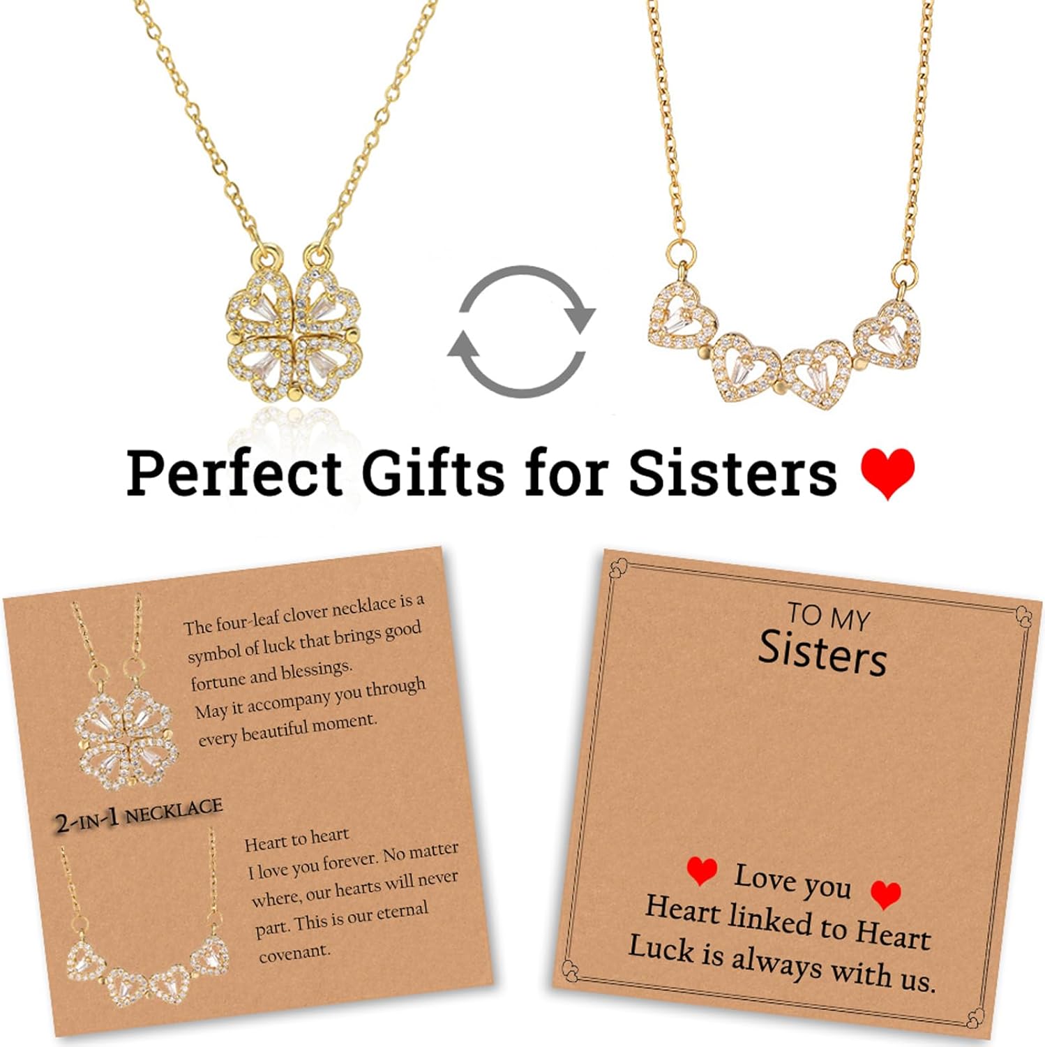 Four Leaf Clover Necklace, 14K Gold Plated, Heart Magnetic Necklace, for Women, 15.8”+2”inch