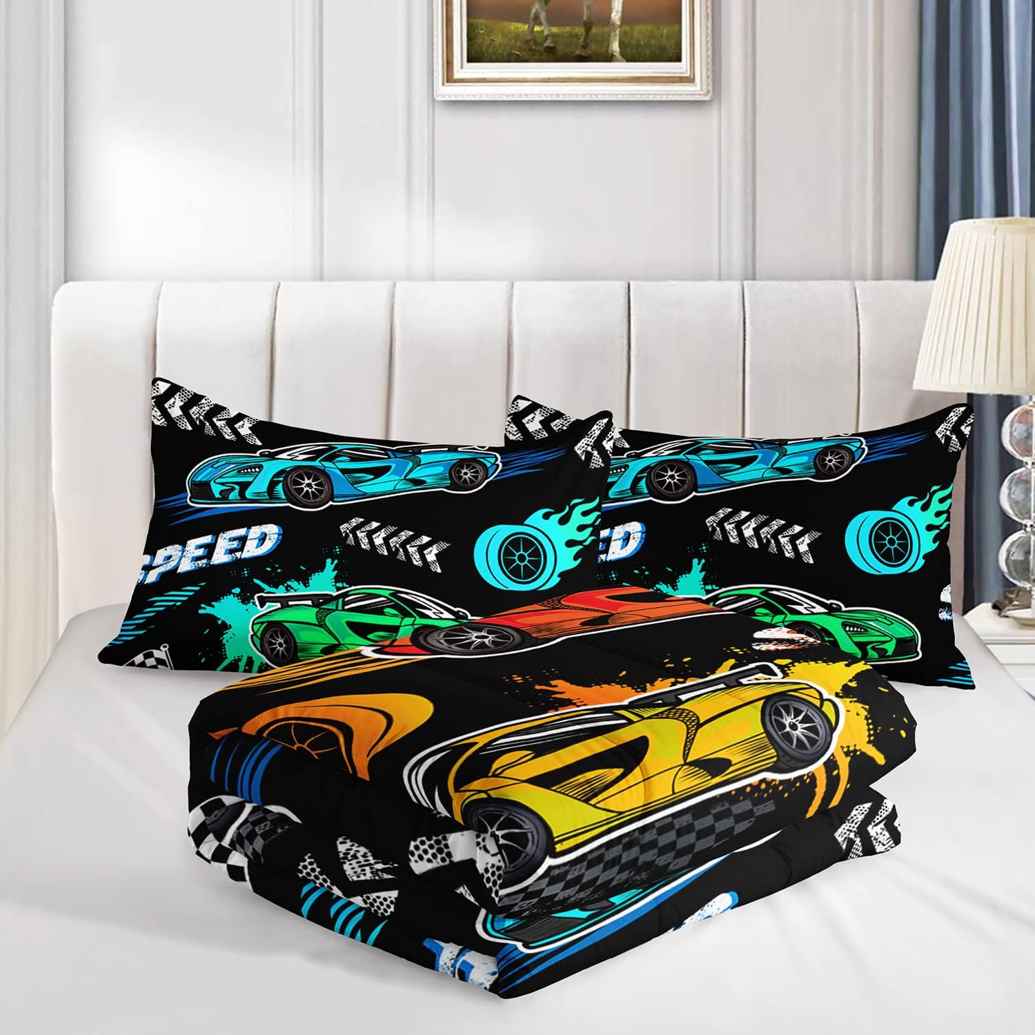 Hosima Child's Cartoon Sports Car 3Piece Set with 2 Pillowcases, Racing Car Bedding for Boys and Girls, Fast and Furious Extreme Sport Games Comforter, Black Comforter Full Size - Image 5