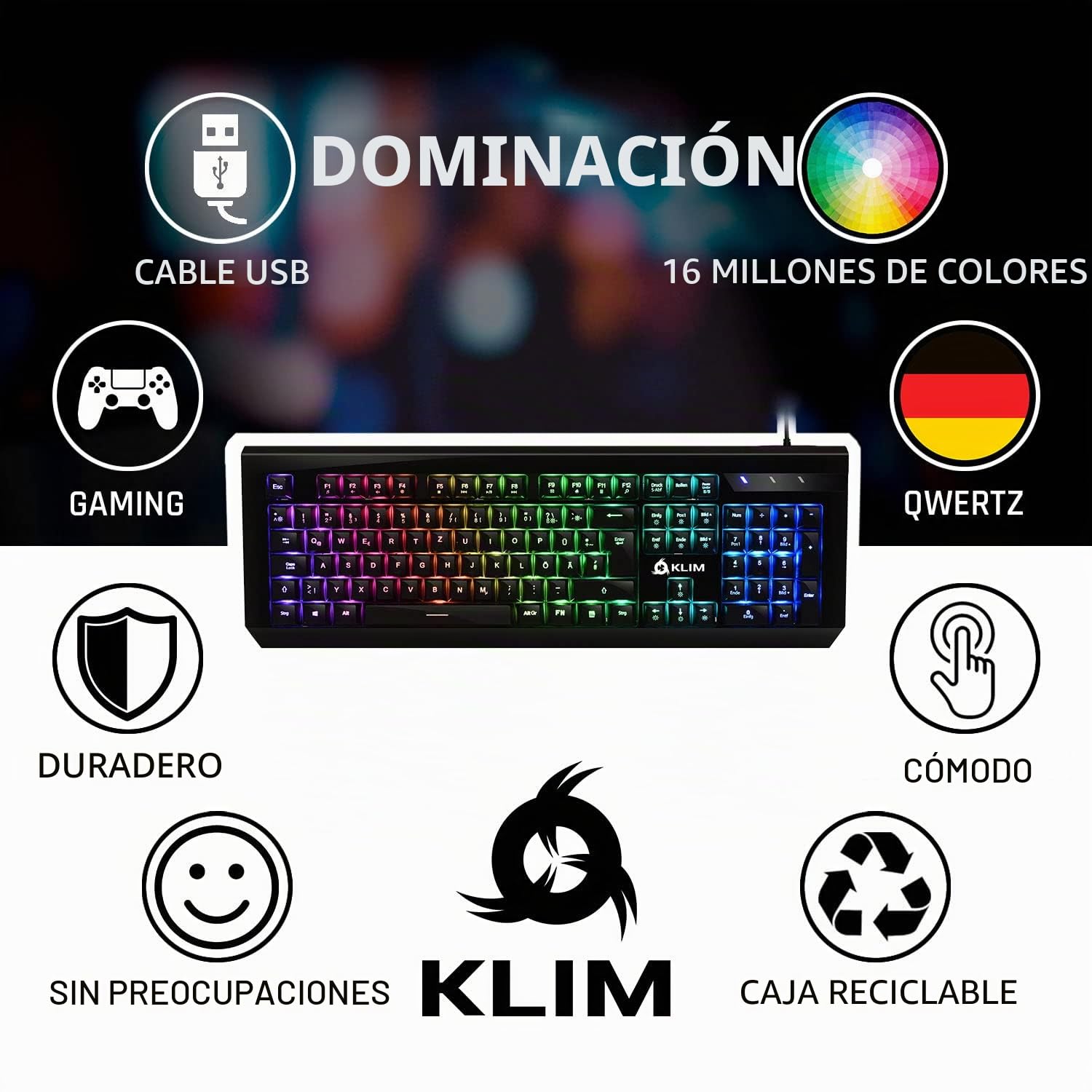 KLIM Domination - Teclado Germany Mecánico RGB -Nueva Versión 2024 - Interruptores Azules - Tecleo Rápido, Preciso & Cómodo - 5 Años de Garantía - Completa Personalización de Colores - PC PS4