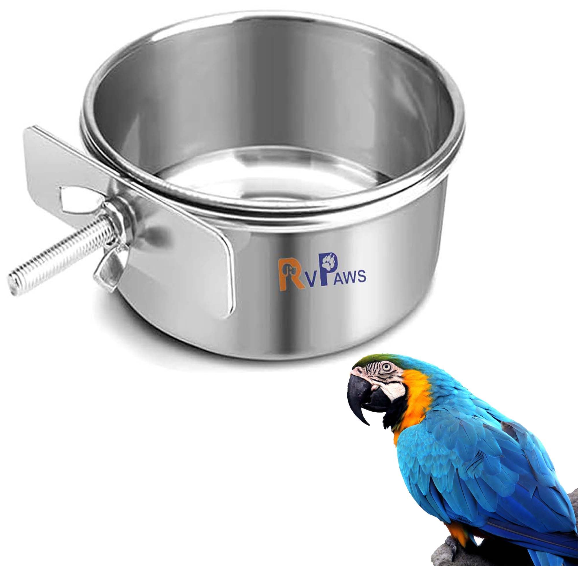 RvPaws 1 Pack Stainless Steel Bird Bowls for Cage Parrot Food Water Bowl Bird Feeding Dish Cups Parrot Food Water Feeder Pet Hanging Bowl Crate Cup with Clamp Holder for Small Animal Parakeet (450 ML)-image-13