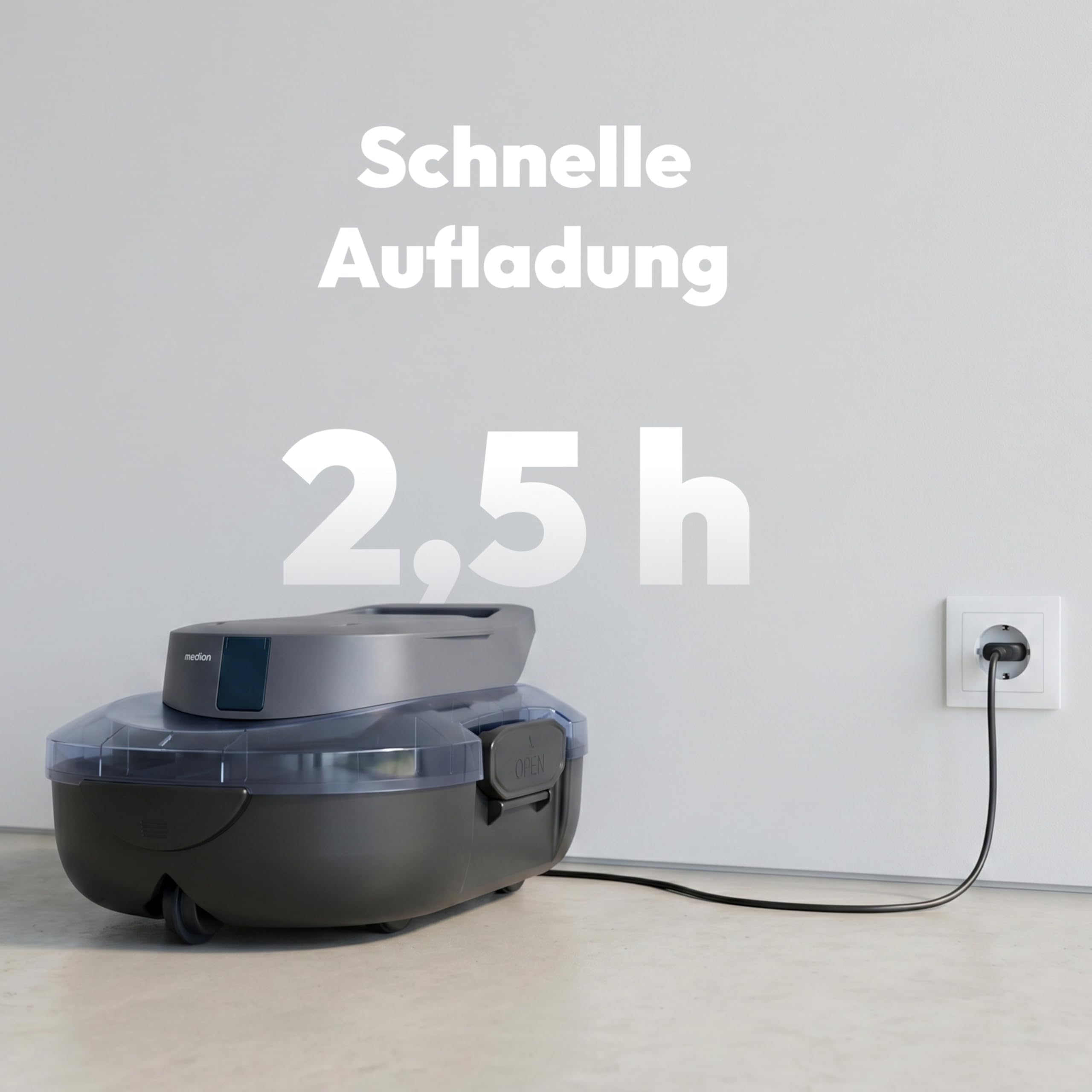 MEDION PR1 Poolroboter Akku, für Aufstellpool, Bodenreinigung für Pools, One-Click-Bedienung, Selbstparkfunktion, 120 Min Akkulaufzeit, 2,2 L Filterkapazität, für 80–100 m², inkl. Ladegerät & Haken