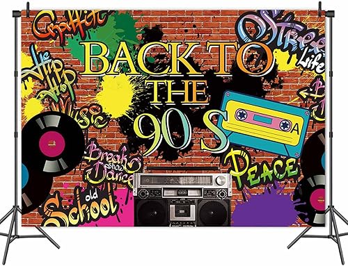 Miniatura 4 de Fondo de fotografía de fiesta temática de los años 90 Hip Hop 90th Graffiti pared de ladrillo Fondo de fotos de vinilo de 5x3 pies Retro Radio Prom