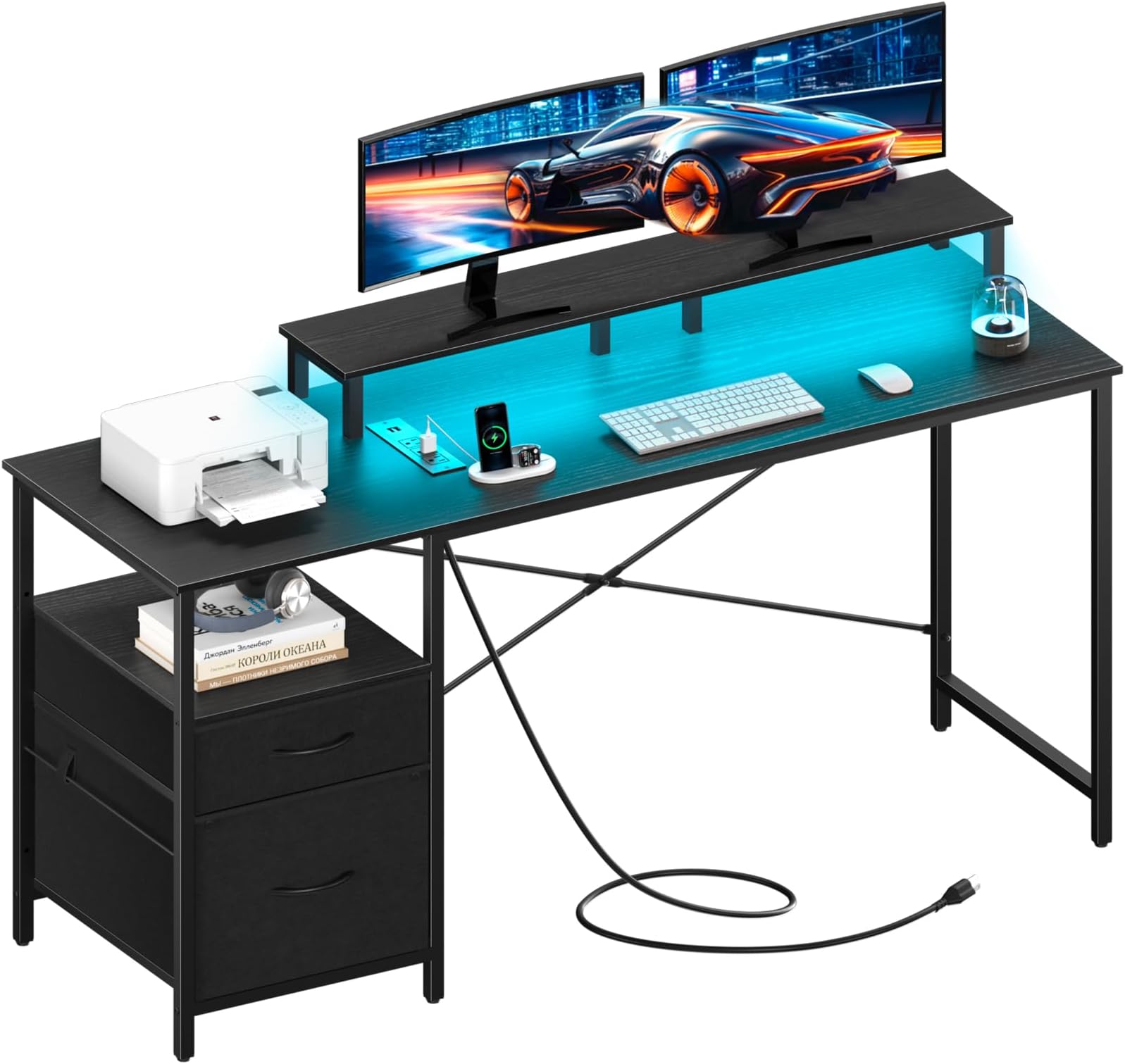 Yoobure Computer Desk, Gaming Desk with LED Lights & Power Outlets, Office Desk with Fabric File Cabinets, 55.1" Gaming Table with Long Monitor Stand, PC Gamer Desk with Drawers for Home office, Black