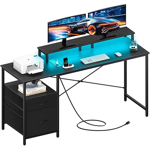 Yoobure Computer Desk, Gaming Desk with LED Lights & Power Outlets, Office Desk with Fabric File Cabinets, 55.1" Gaming Table with Long Monitor Stand, PC Gamer Desk with Drawers for Home office, Black