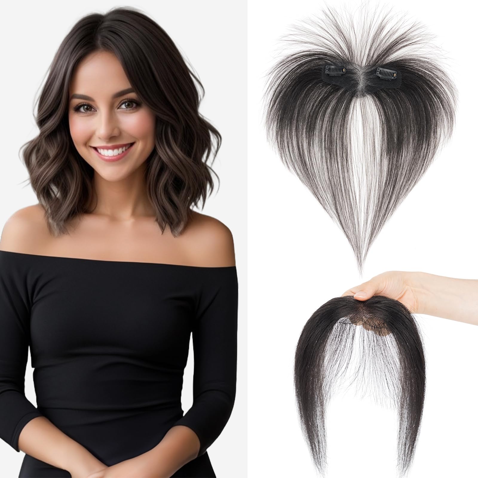 S-noilite Clip in Bangs for Women - Real Human Hair - Side Bangs Hair Clip in Fringe with Temples #1B Natural Black