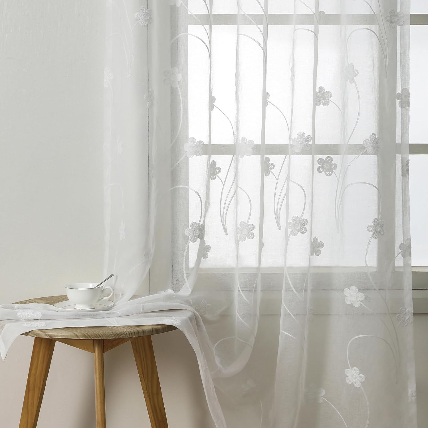 White Sheer Curtains 63 inches Length Flowers Embroidered Window Treatment Curtain Sheer Voile Panels for Kitchen, Bedroom, Small Windows, 42x63, Set of 2