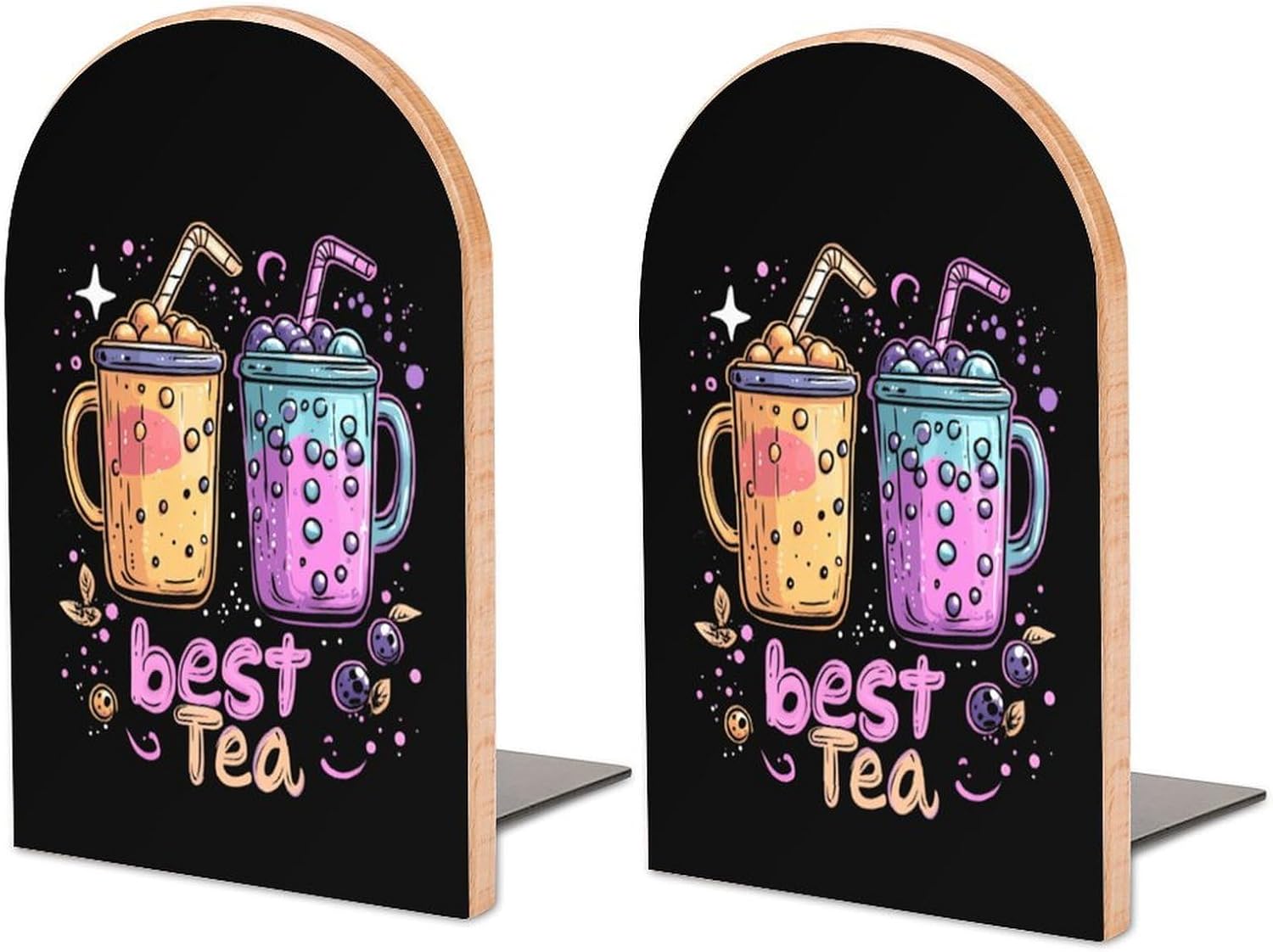 Best Tea Cute Wood Book Ends Decorative Bookends 1 Pair Non-Skid for Shelves Home Office 7 X 5 Inch