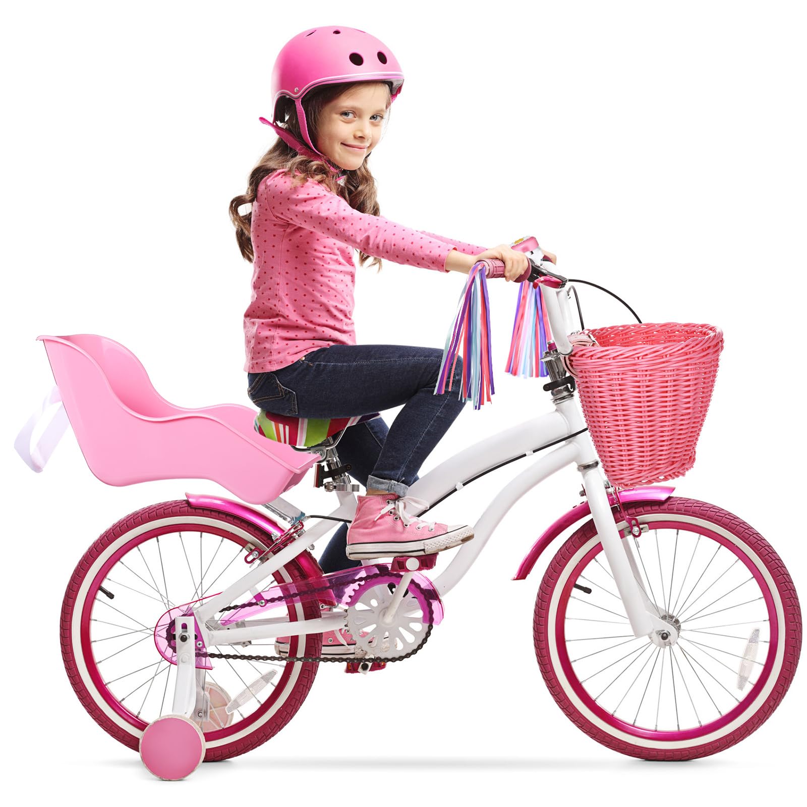 Asiento de bicicleta para muñeca con 30 calcomanías, cesta de bicicleta para niños, manillar de bicicleta, cintas coloridas, borla, margarita, campana de bicicleta para niñas, niños, 4