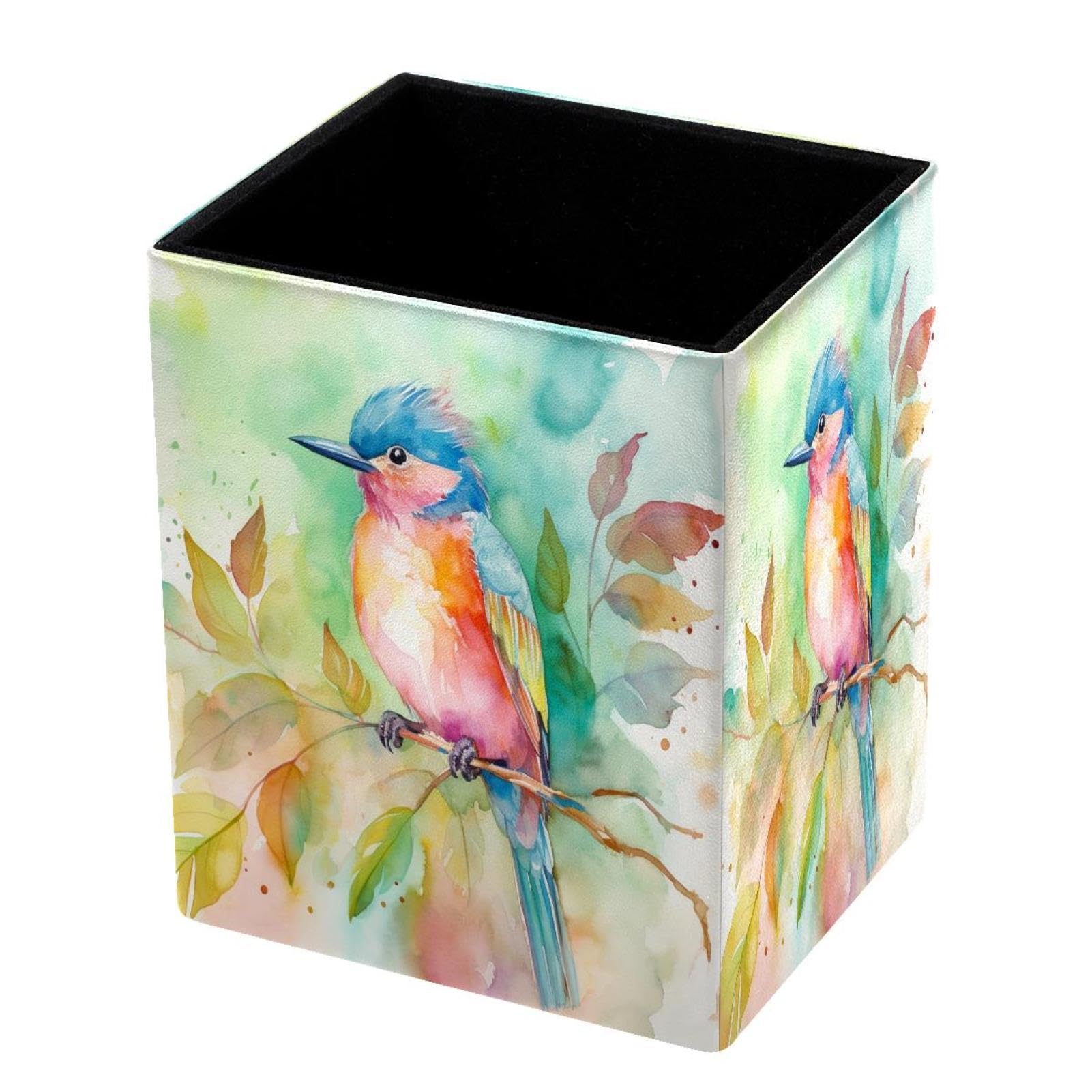 DragonBtu Desktop Pencil Holder, Watercolor Bird Rectangular Pencil Cup, Pencil Storage Bag Office Desk Supplies Case for School, Kids
