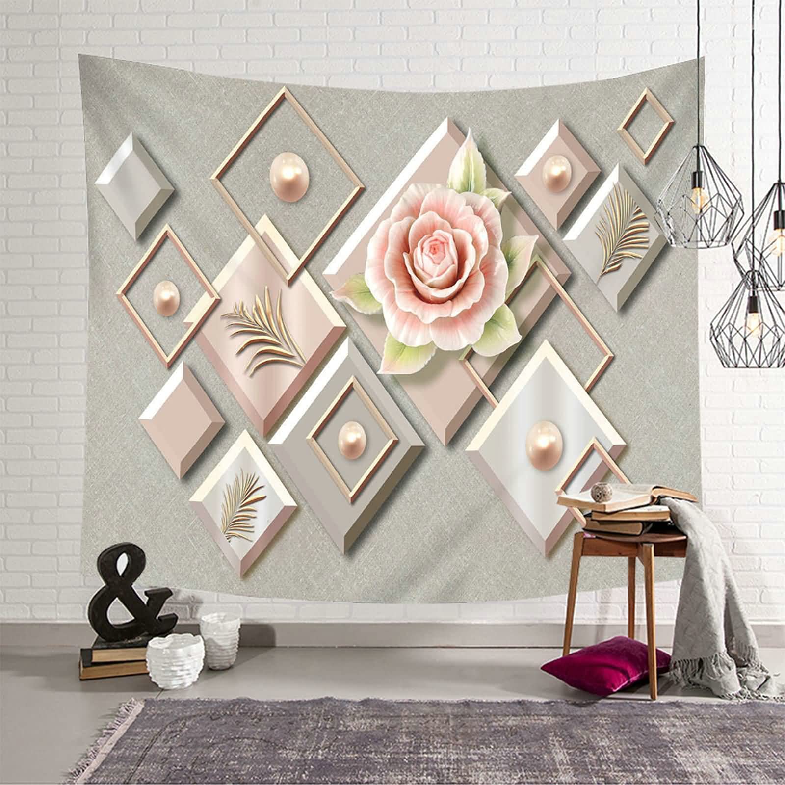 KnSam Tapestry, Wall Hanging Geometric Floral Pattern Wall Decoration Made of Polyester Tapestry Grey Pink 210 x 140 cm