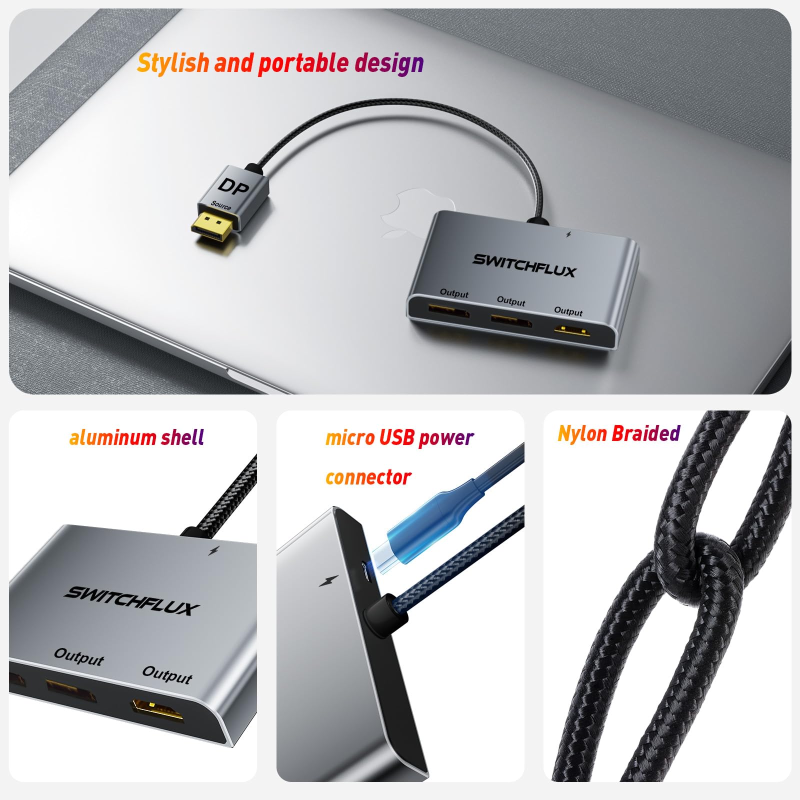 DisplayPort vers double DisplayPort avec adaptateur HDMI | 4K @ 60 Hz | Affichage étendu 1 entrée 3 sorties MST Hub pour plusieurs moniteurs compatible avec PC, carte graphique NVIDIA/AMD