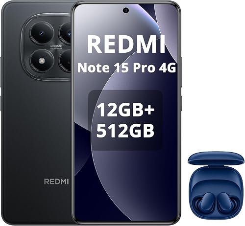 XIAOMI REDMI Note 15 Pro 4G Smartphone 12+512GB, Incluye Auriculares Azules | 6.77" AMOLED Display, 1.5K AMOLED Screen, procesador Mediatek Helio G200 Ultra, cámara 200 MP, Negro