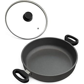 Hoffmann Saut  Pan 32 cm High Rim Induction Pan with 2 Handles Made in Germany High Rim Pan Cast Aluminum Serving Pan Coated with Glass Lid