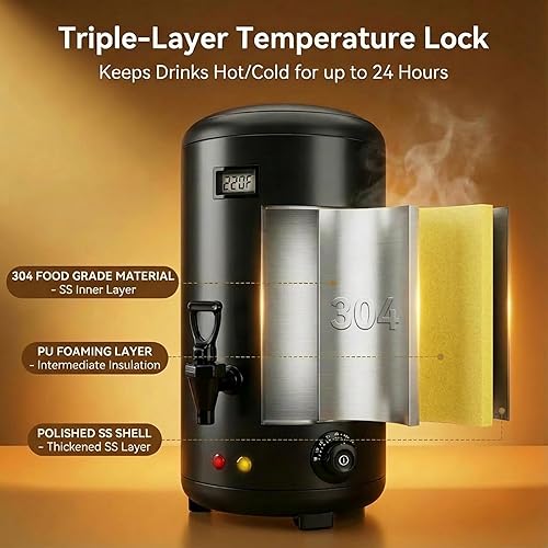 Miniatura 5 de Dispensador de bebidas aisladas con calefacción eléctrica, con pantalla de temperatura, dispensador de bebidas frías y calientes de 80 tazas, acero