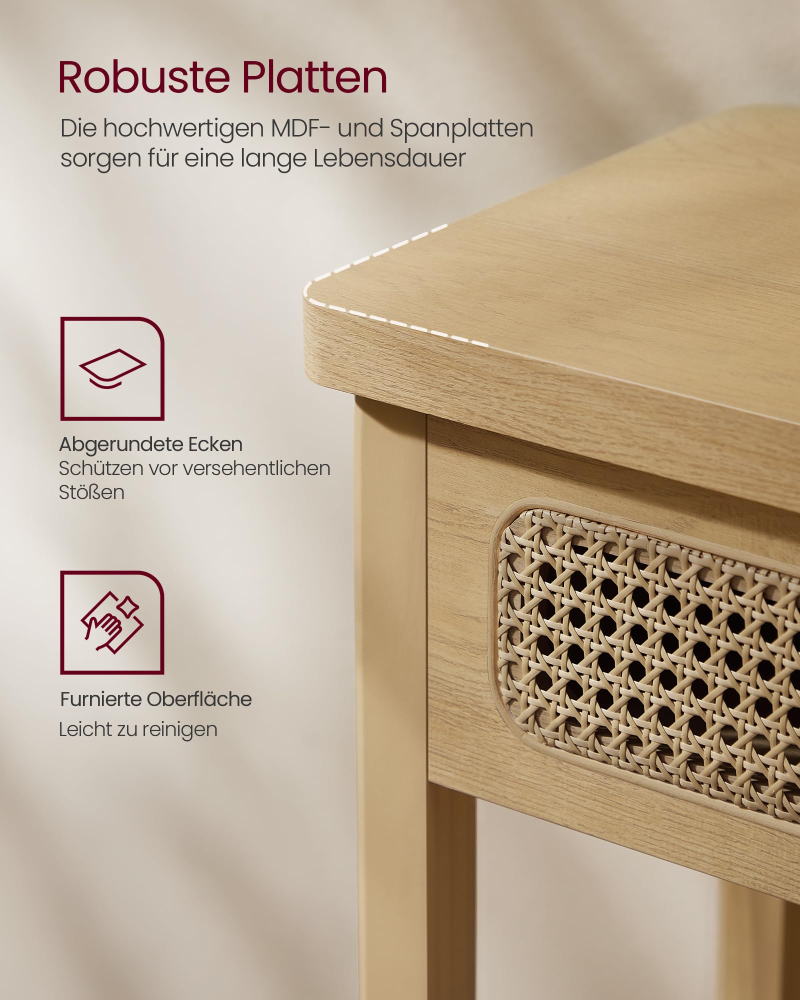 VASAGLE Konsolentisch, Flurtisch, Flur Möbel, schmaler Sofatisch für Wohnzimmer, mit 2 Schubladen, offene Ablage, abgerundete Ecken, Boho-Stil, eichenbeige LNT016Y57