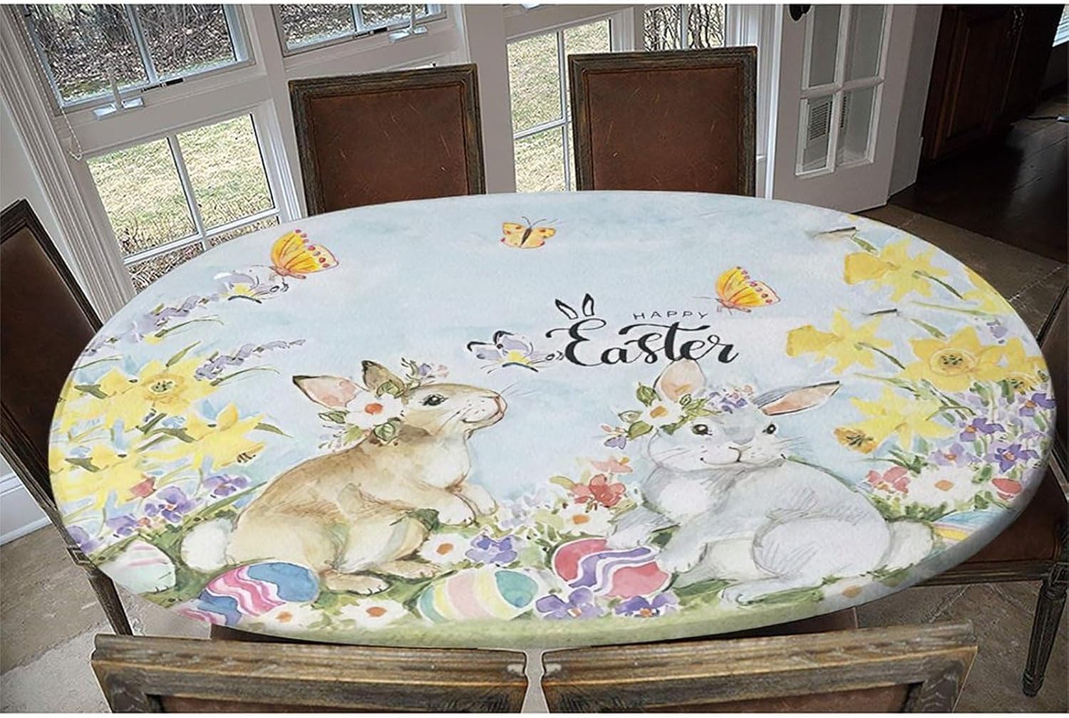 Happy Easter Day Elastic Edge Table Cover, Rabbits Spring Flowers Bunny Oval Fitted Tablecloth for Outdoor Picnic Camping and Indoor Kitchen Dining Party, 42" X 60"