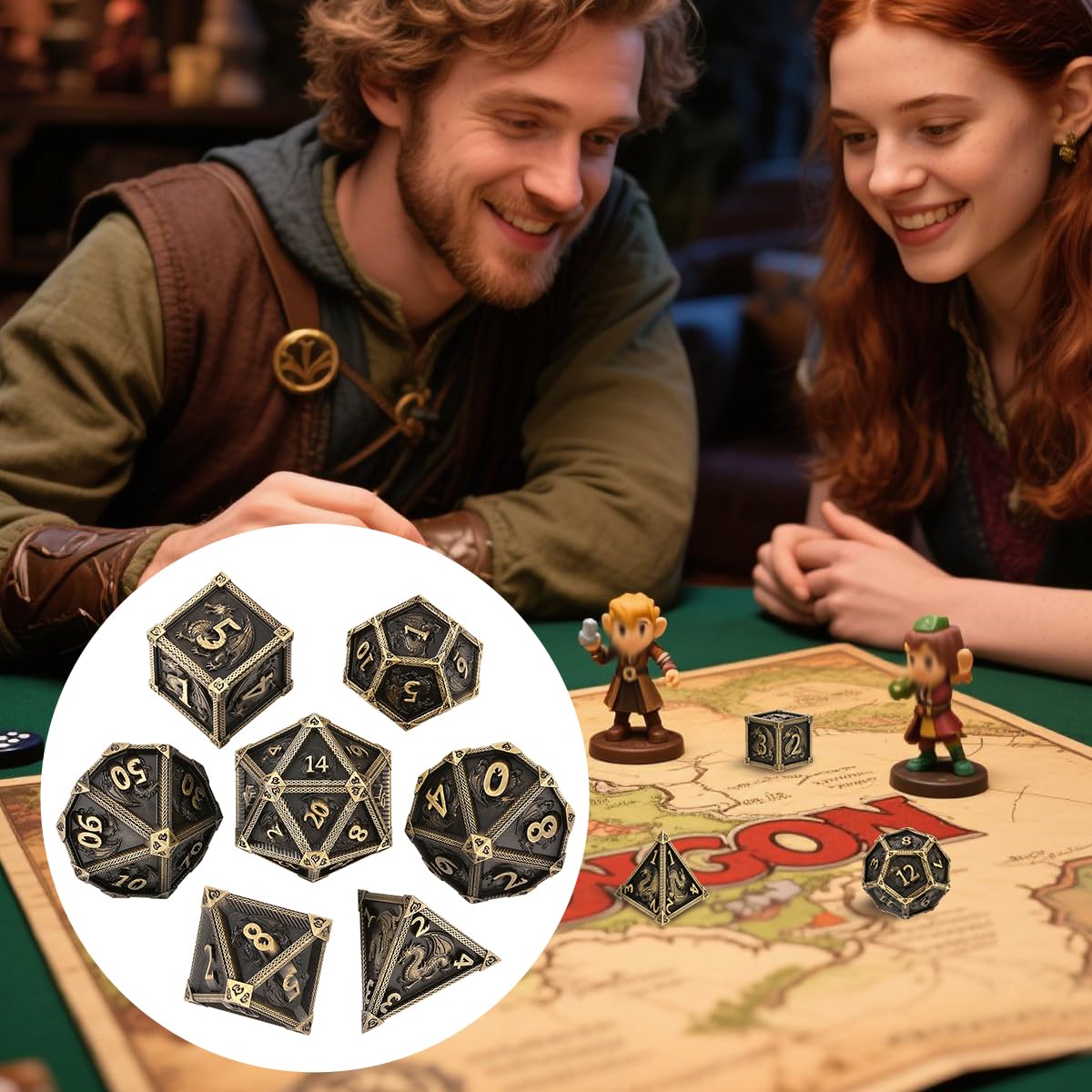 Lot de Dés en Métal DND, Motif de Dragon, 7 Dés Polyédriques en Métal, Accessoires pour Jeux de Rôle et Société, MTG, Cadeaux D&D avec Sac Cadeau, D20, D12, 2 D10 (00-90 et 0-9), D8, D6 et D4, Bronze