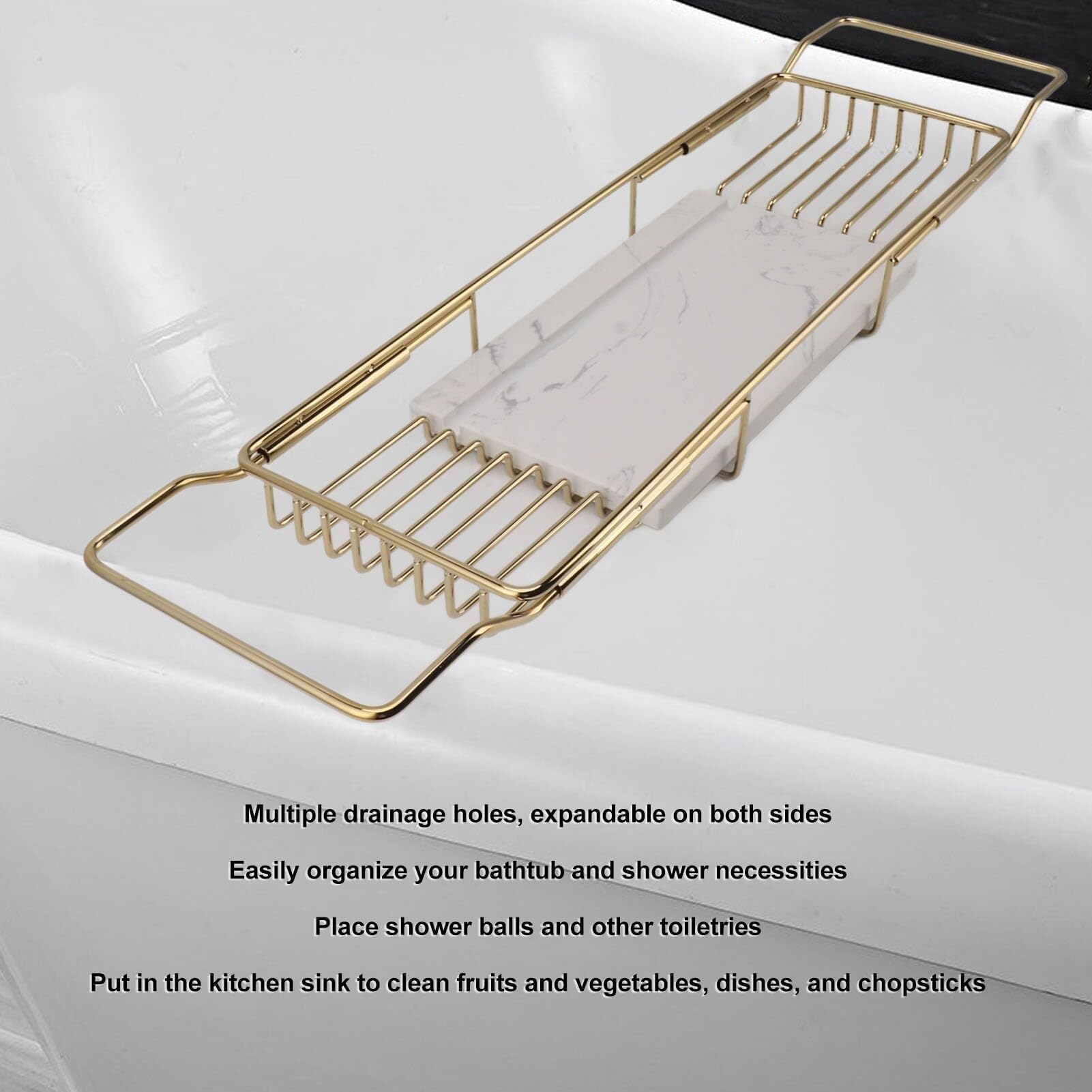 Estante para bañera – Bandeja de mesa para lavabo para champú y artículos esenciales – Almacenamiento de baño de alambre ajustable, color dorado y blanco