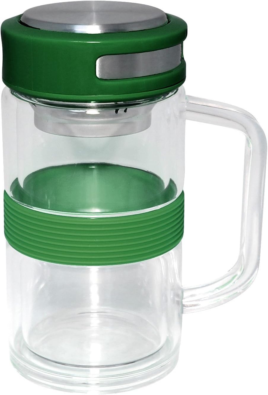 Gourmet Home Products Double Wall Borosilicate Glass Mug with Stainless Steel Strainer and Silicone Band, Hunter Green, 11 oz