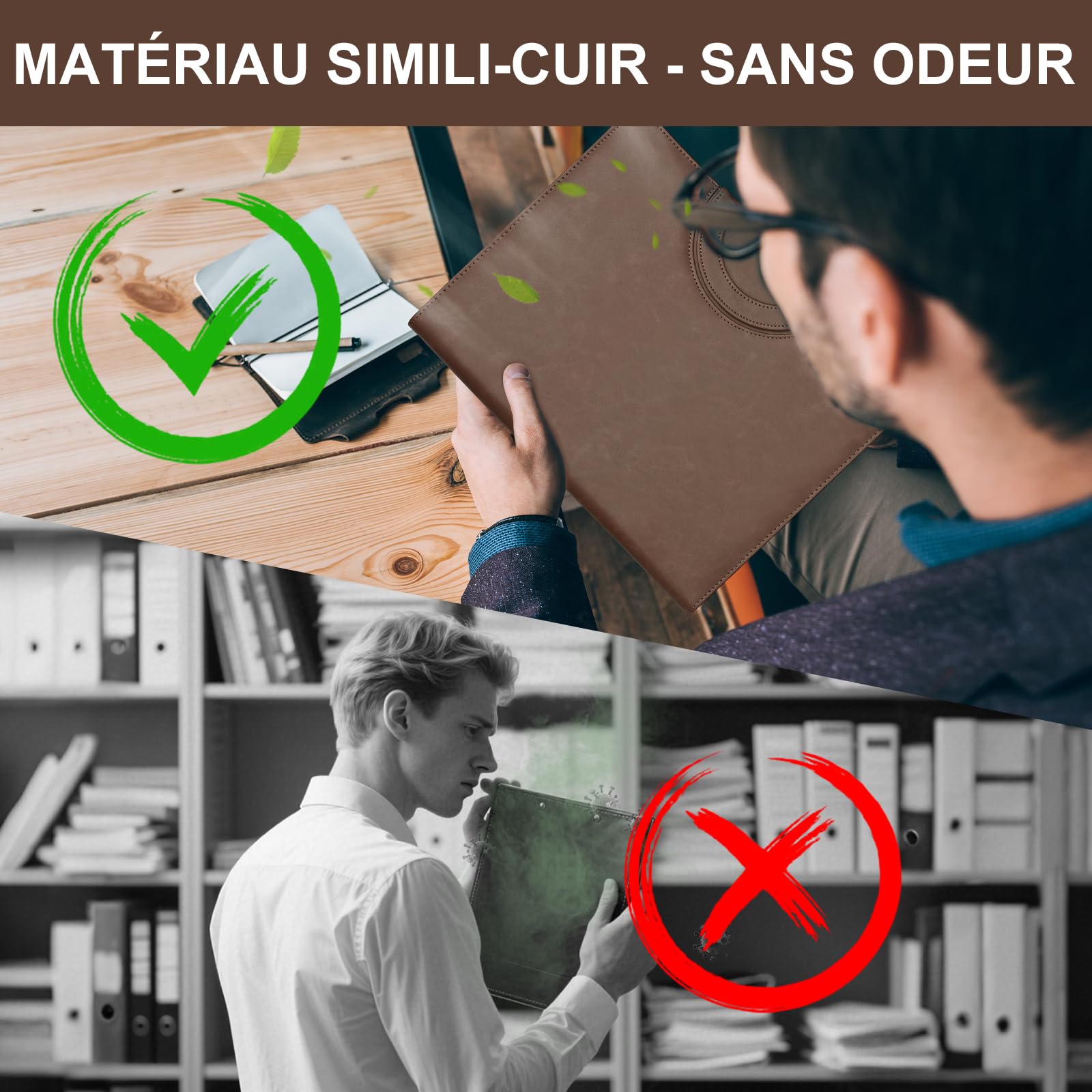 Leathario Porte Documents A4 avec Calculatrice, Portfolio avec Poignées Magnétiques en Simili Cuir, Organiseur de Conférences 4 Reliures à Anneaux, 10 Feuilles Classeuses Souples Offertes et 1 Stylo