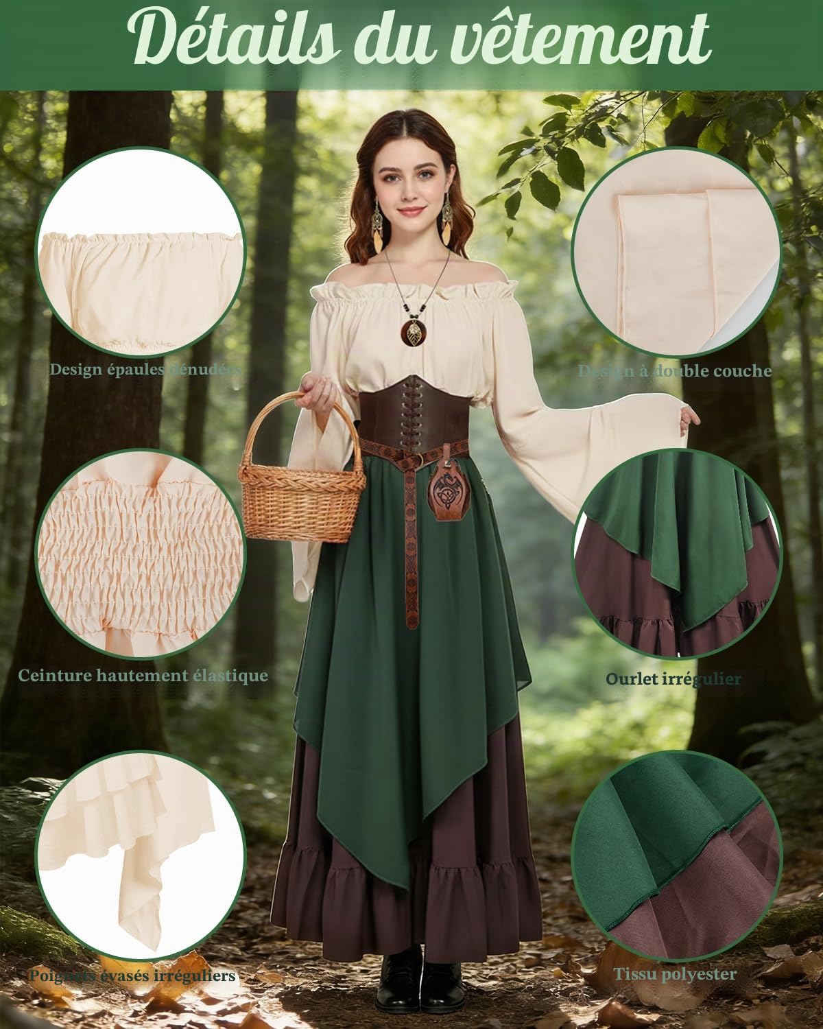 Déguisement Médiéval Femme, Robe Longue Style Renaissance avec Haut Rétro à Epaules Dénudées, Sac Banane, Collier, Boucles d'Oreilles, Costume Victorien pour Carnaval, Cosplay et Fête Médiévale