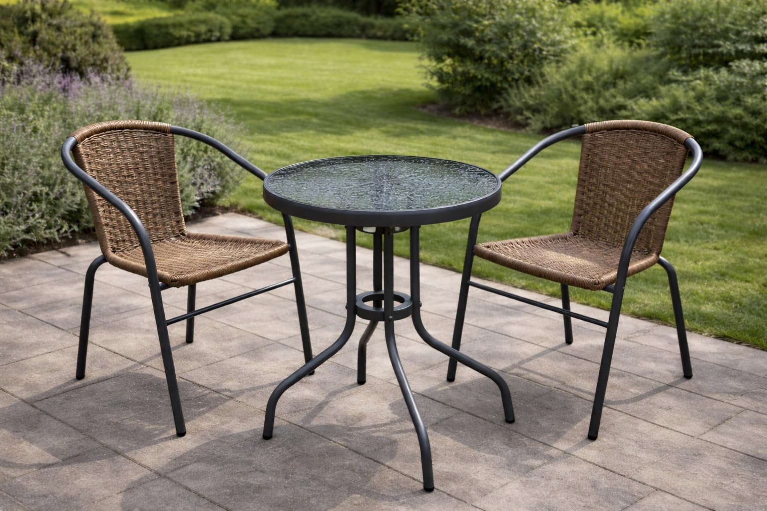 Creative Outdoor Patio Bistro Set, Round Glass Top Table with 2 Outdoor Chairs, Steel Frame, Garden Seating (600 Dia)-image-28