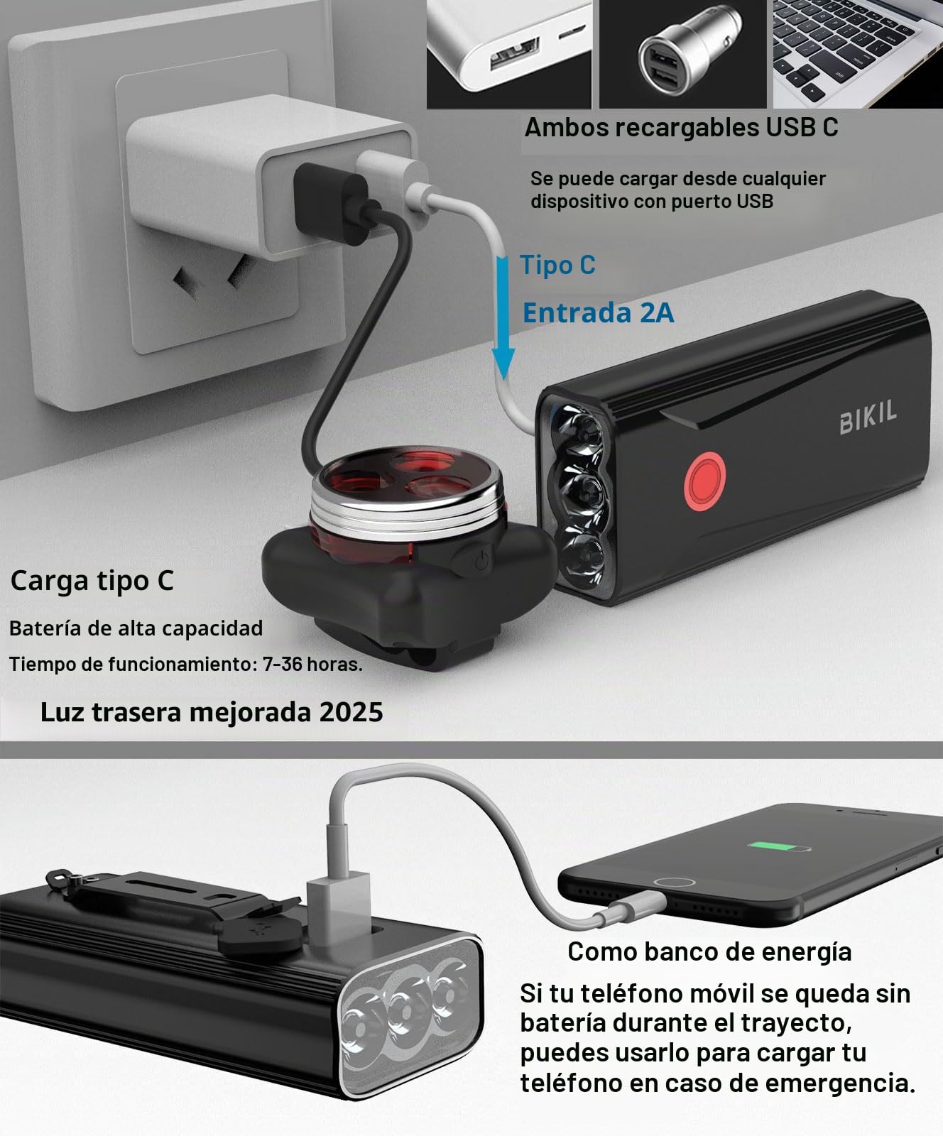 BIKIL luz Bicicleta 6400mAh luz Delantera Bicicleta Recargable USB C Luces Bicicleta Delantera y Trasera LED Impermeable Linterna Potente 2400 Lúmenes para Ciclismo Carretera y Montaña para la Noche