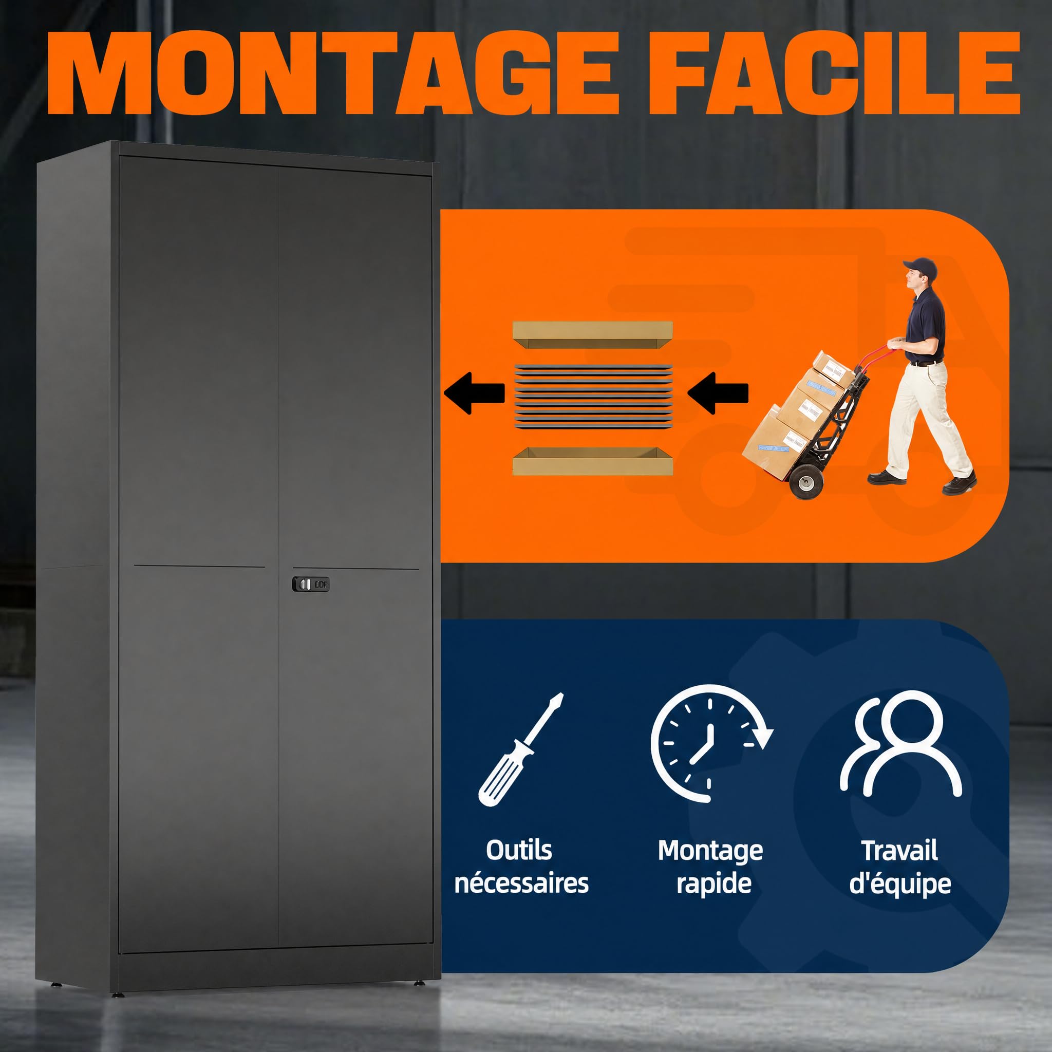 Meuble de Rangement Bureau, Armoire Métallique, Armoire a Outils, Etageres Reglables, en Acier, Placard, Doubles Portes, pour Garage, Bureau,Cuisine, Atelier, 40 x 80 x 180 cm, Noir
