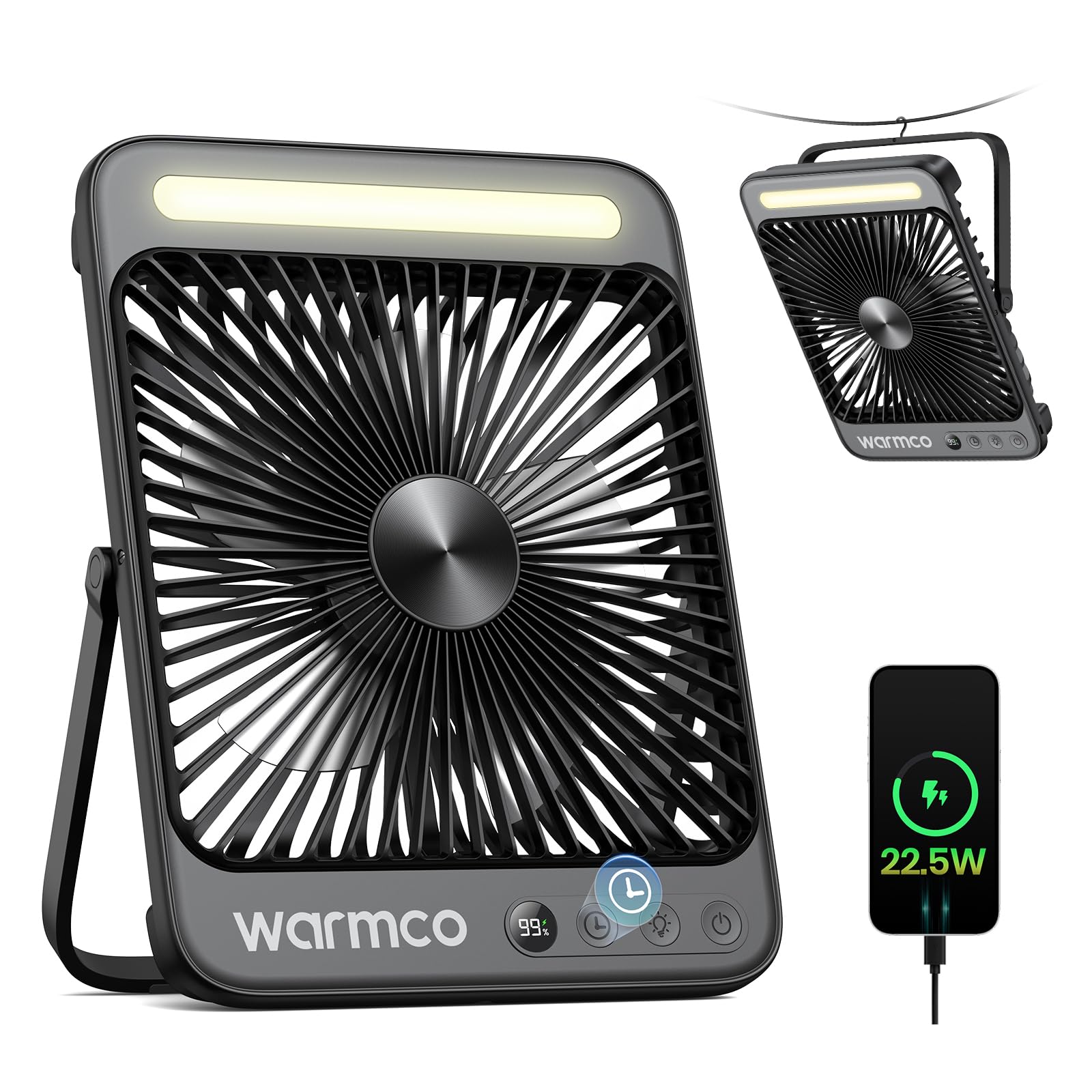 Warmco D4 Pro Ventilador Camping 20000mAh, 27cm Ultrafino Ventilador Recargable con Luz, Carga Rápida 22,5W, 15-48H Autonomía, Gancho, Temporizador, Portátil Silencioso para Tienda, Cama, Viaje
